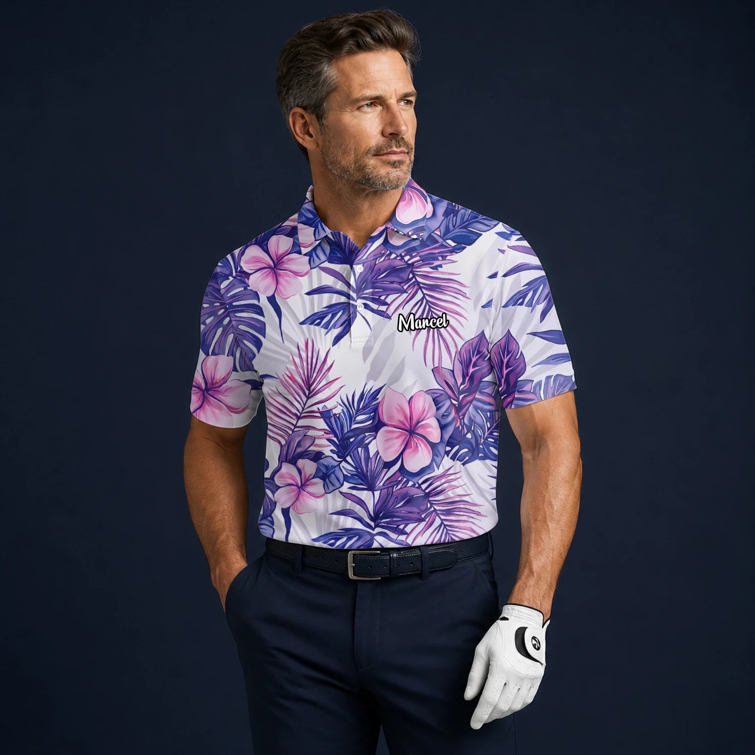 Personalisiertes Golf Poloshirt Weiß Lila Tropisches Hibiskus Blätter Design für Herren H1054