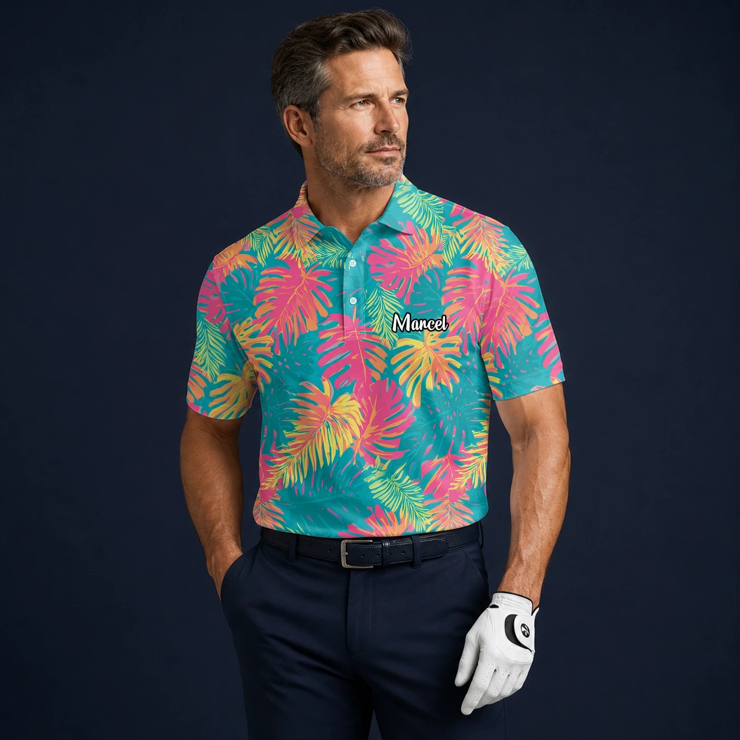 Personalisiertes Golf Poloshirt Türkis Korallenrotes Tropisches Blätter Design für Herren H8937
