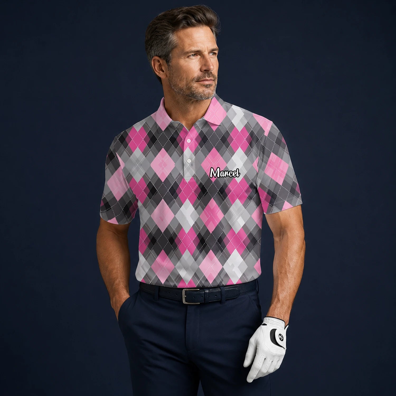 Personalisiertes Golf Poloshirt Rosa Graues Rauten Muster für Herren Z9376