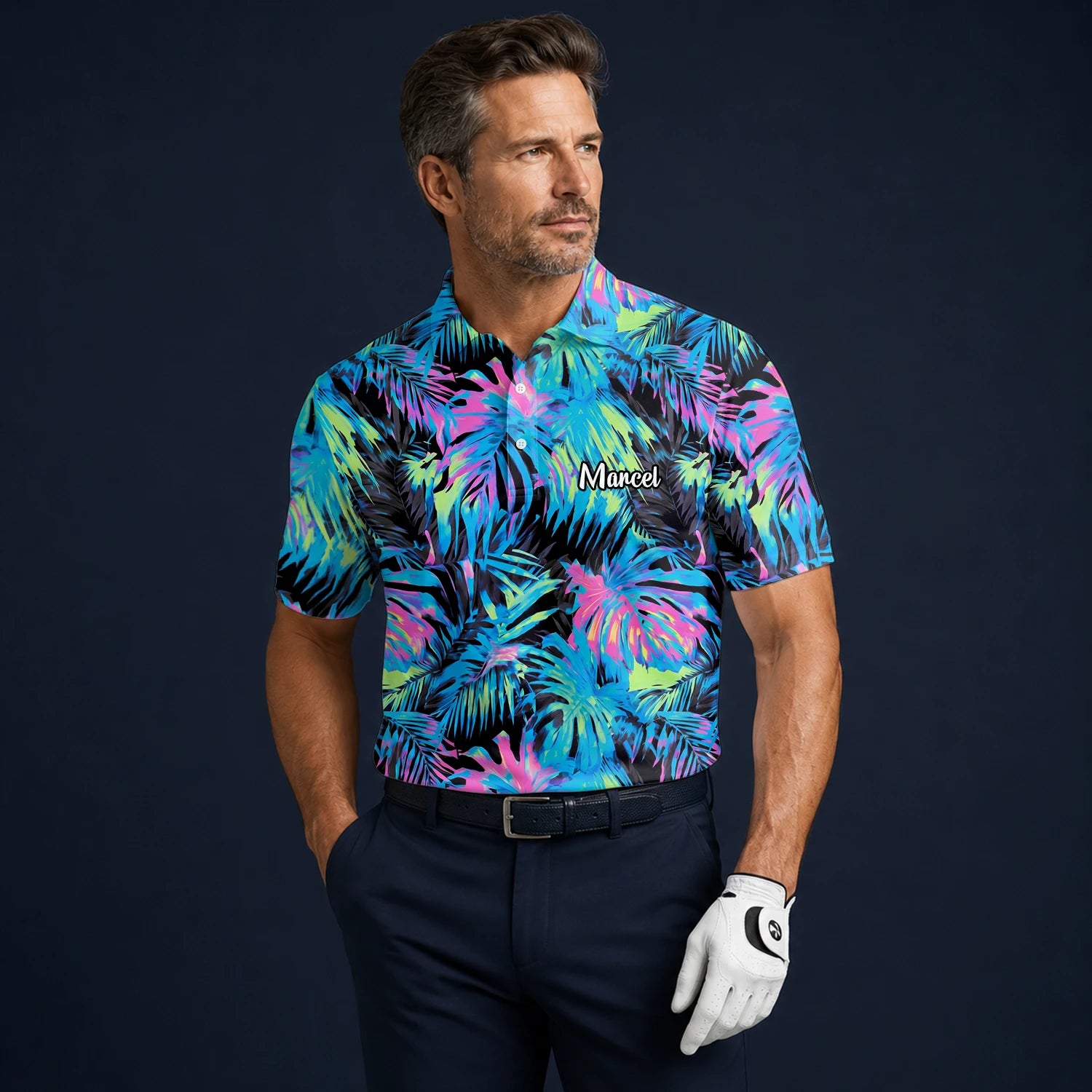 Personalisiertes Golf Poloshirt Schwarz Neon Tropisches Blätter Design für Herren D2207