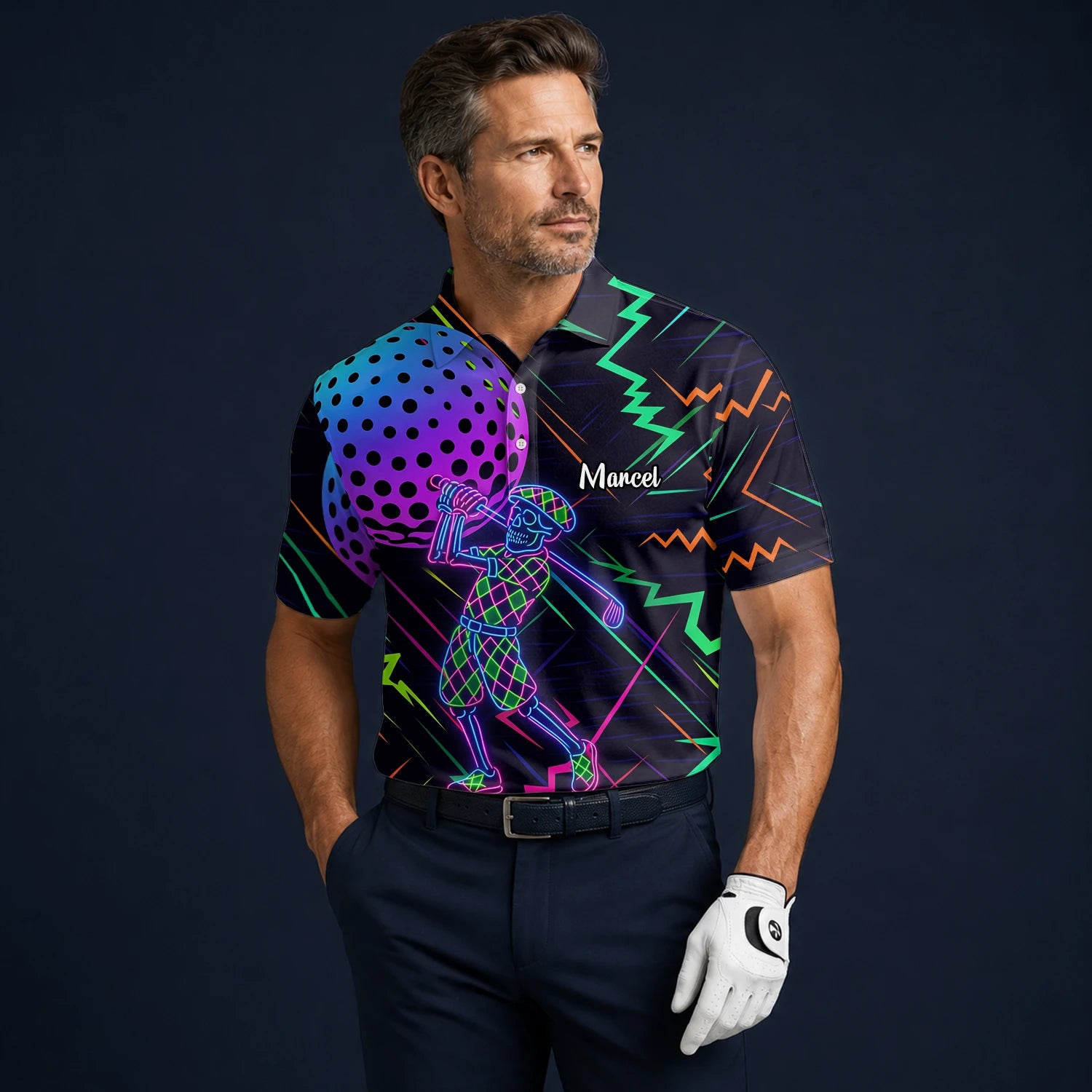 Personalisiertes Golf Poloshirt Schwarz Neon Golfer Wireframe Design für Herren L1481