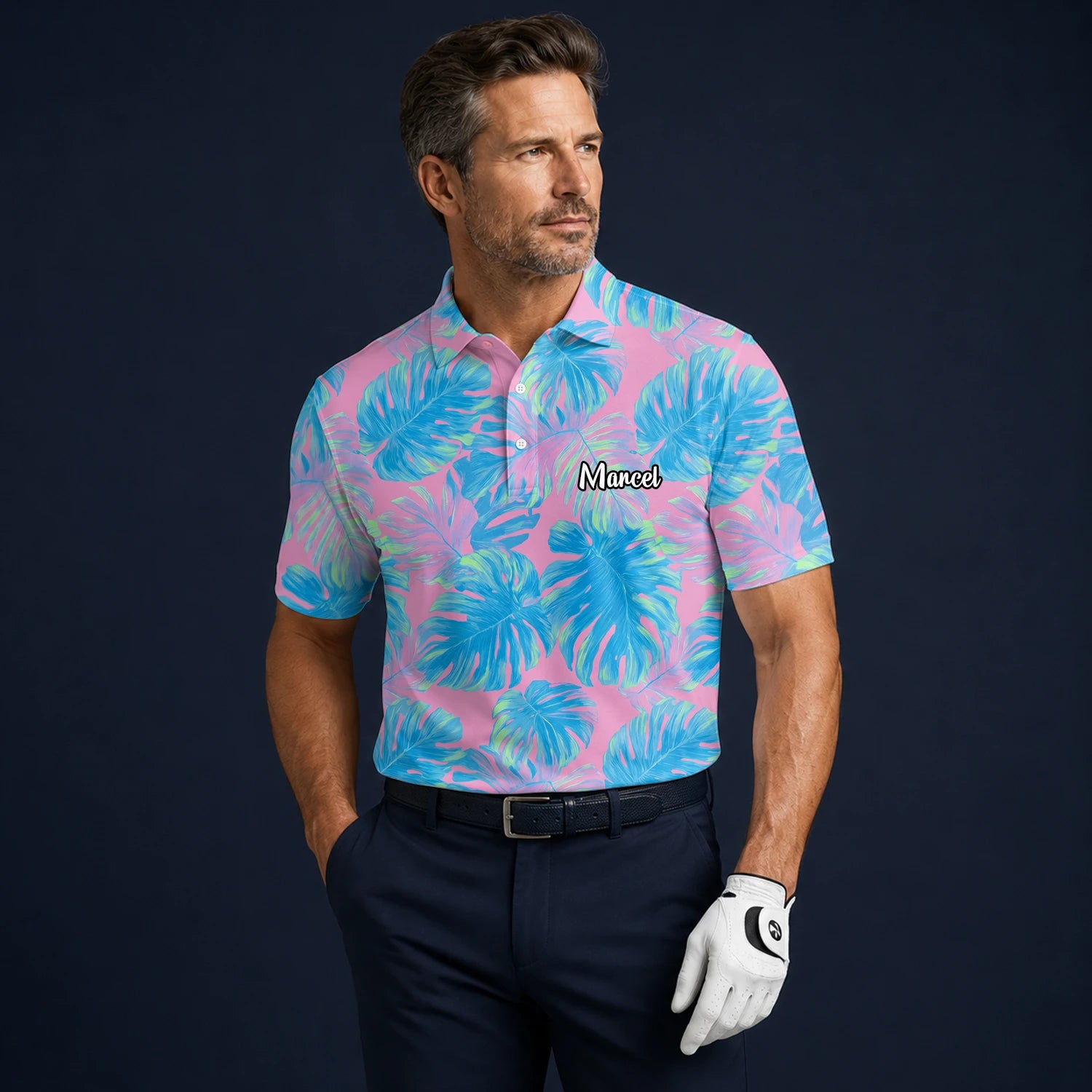 Personalisiertes Golf Poloshirt Rosa Türkis Tropisches Monstera Blätter Design für Herren C8385
