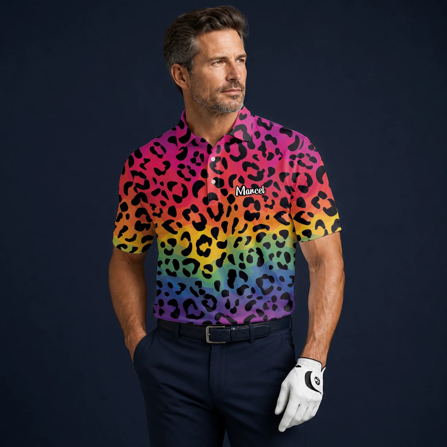Personalisiertes Golf Poloshirt Regenbogen Leo Print Design für Herren X1632