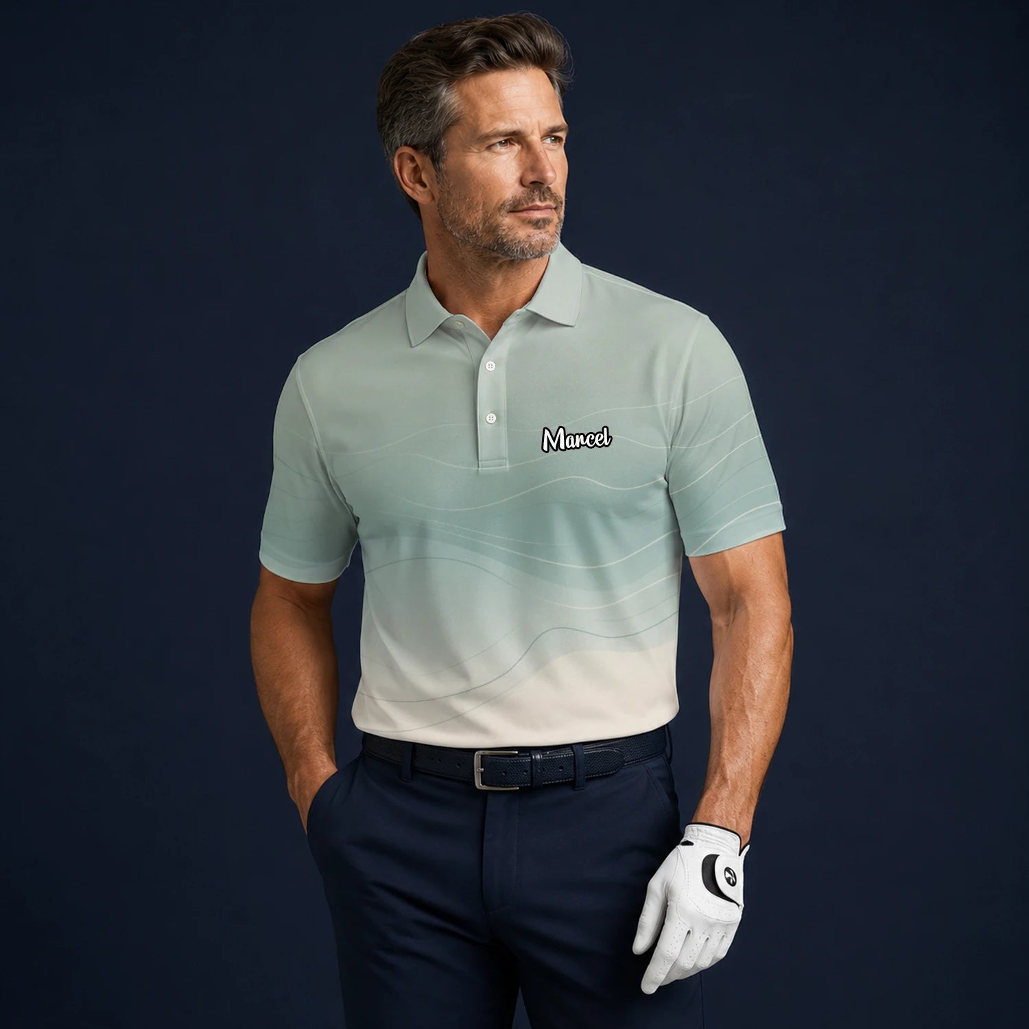 Personalisiertes Golf Poloshirt Salbeigrün Beiges Abstraktes Wellen Design für Herren X8036