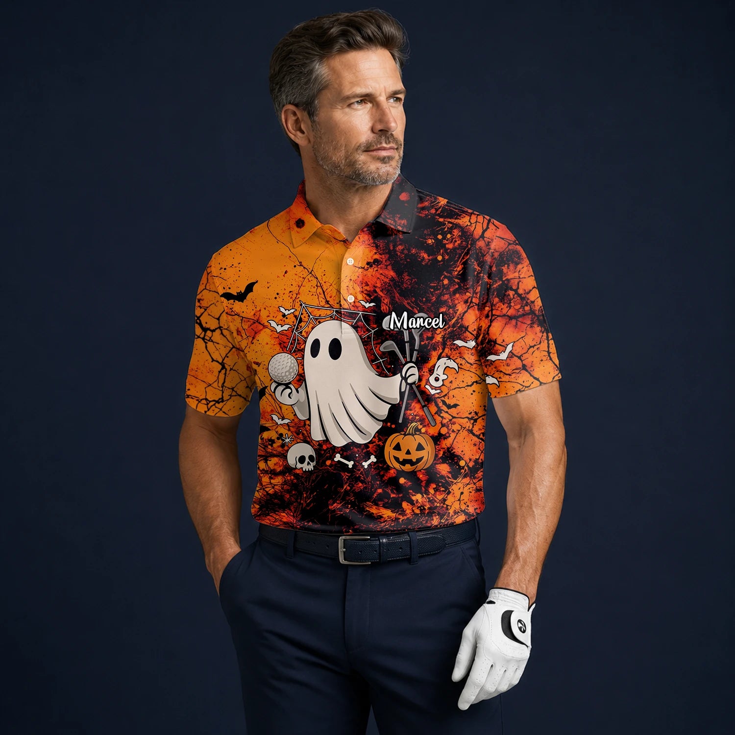 Personalisiertes Golf Poloshirt Orange Halloween Gespenst Golfer Design für Herren M0695