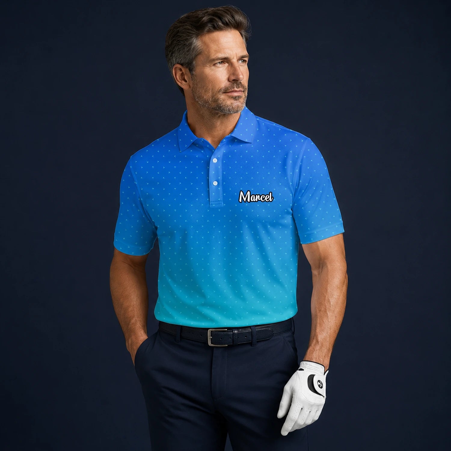 Personalisiertes Golf Poloshirt Blau Türkis Punkt Verlauf Design für Herren O2326