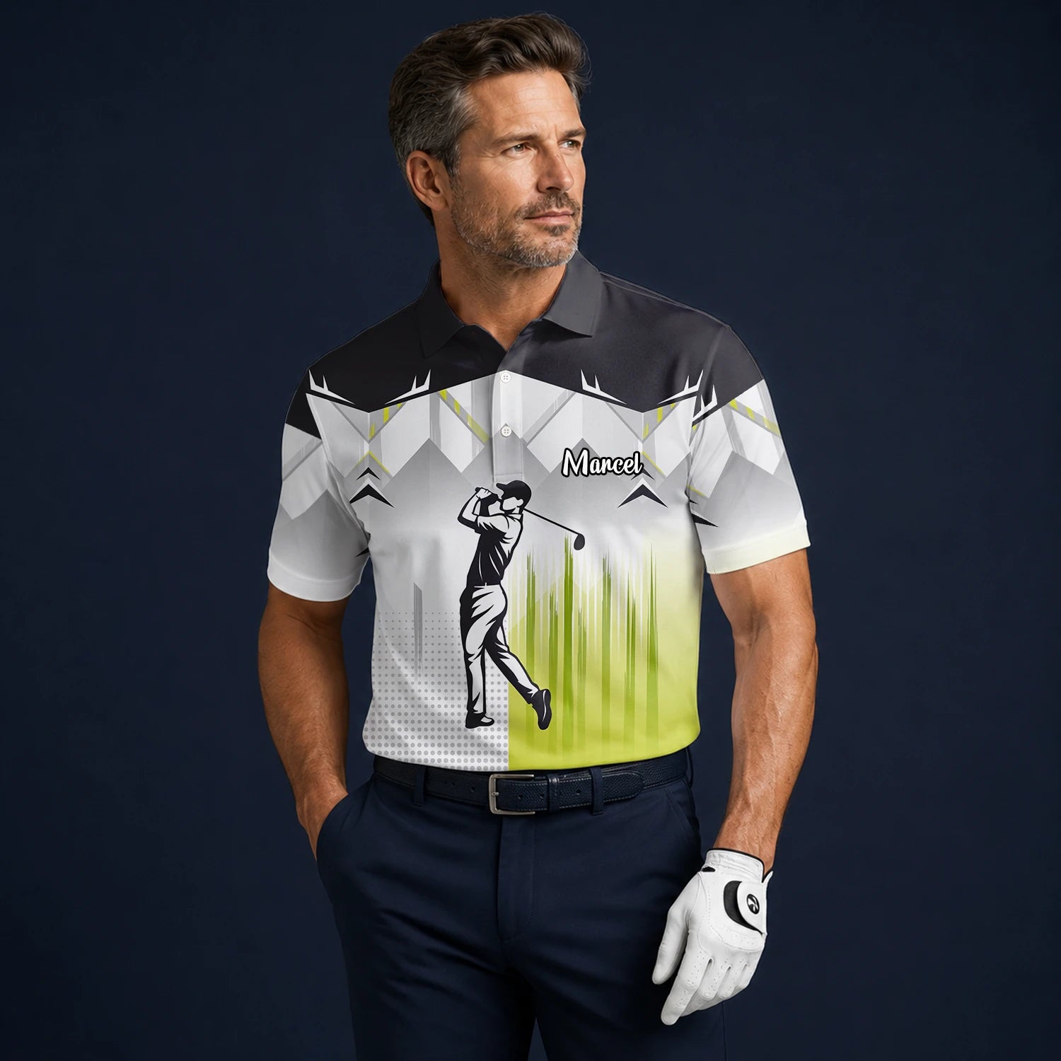 Personalisiertes Golf Poloshirt Schwarz Grau Limettengrünes Golfer Silhouetten Design für Herren F4552