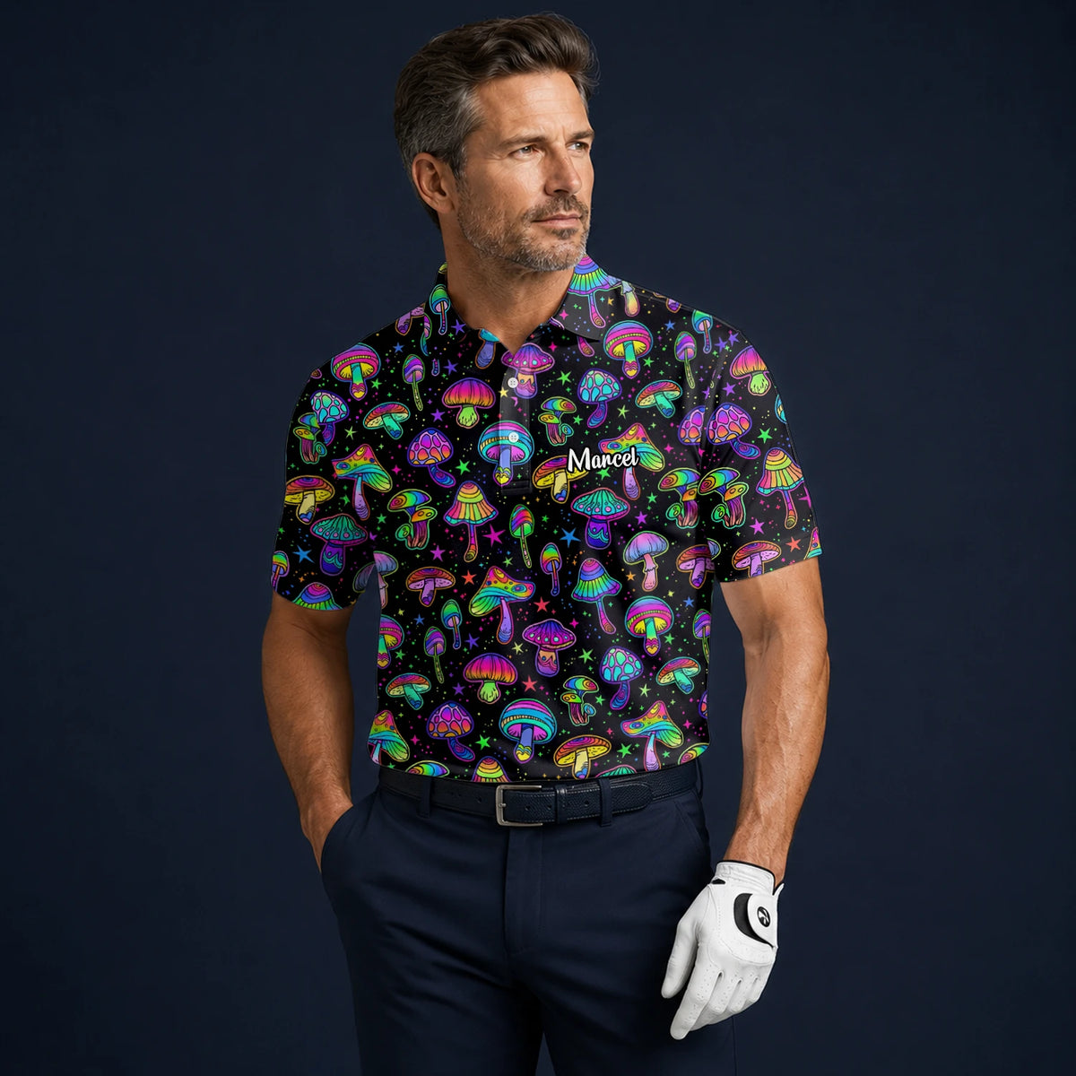 Personalisiertes Golf Poloshirt Schwarz Neon Pilz Psychedelisches Design für Herren L0182