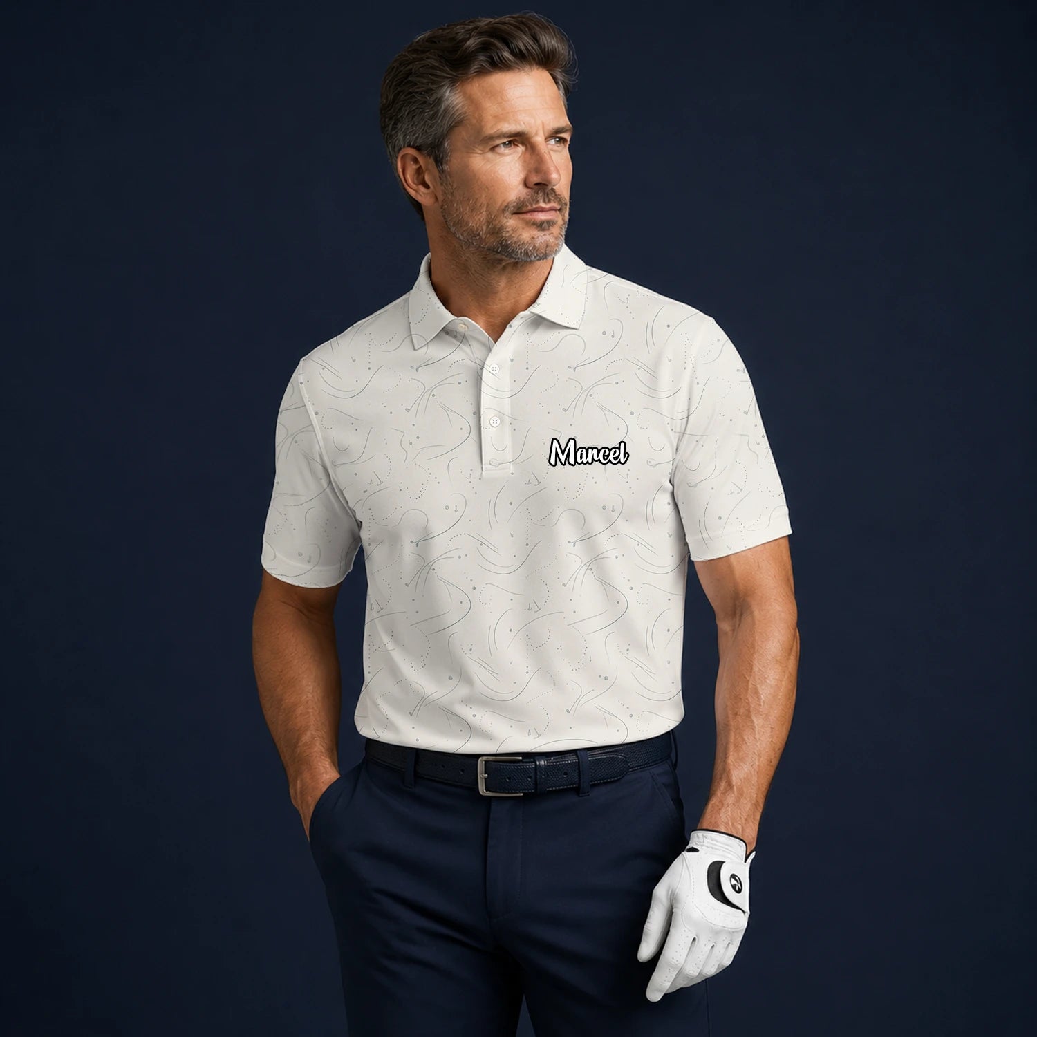 Personalisiertes Golf Poloshirt Cremefarbenes Golf Tee Linien Design für Herren O7898