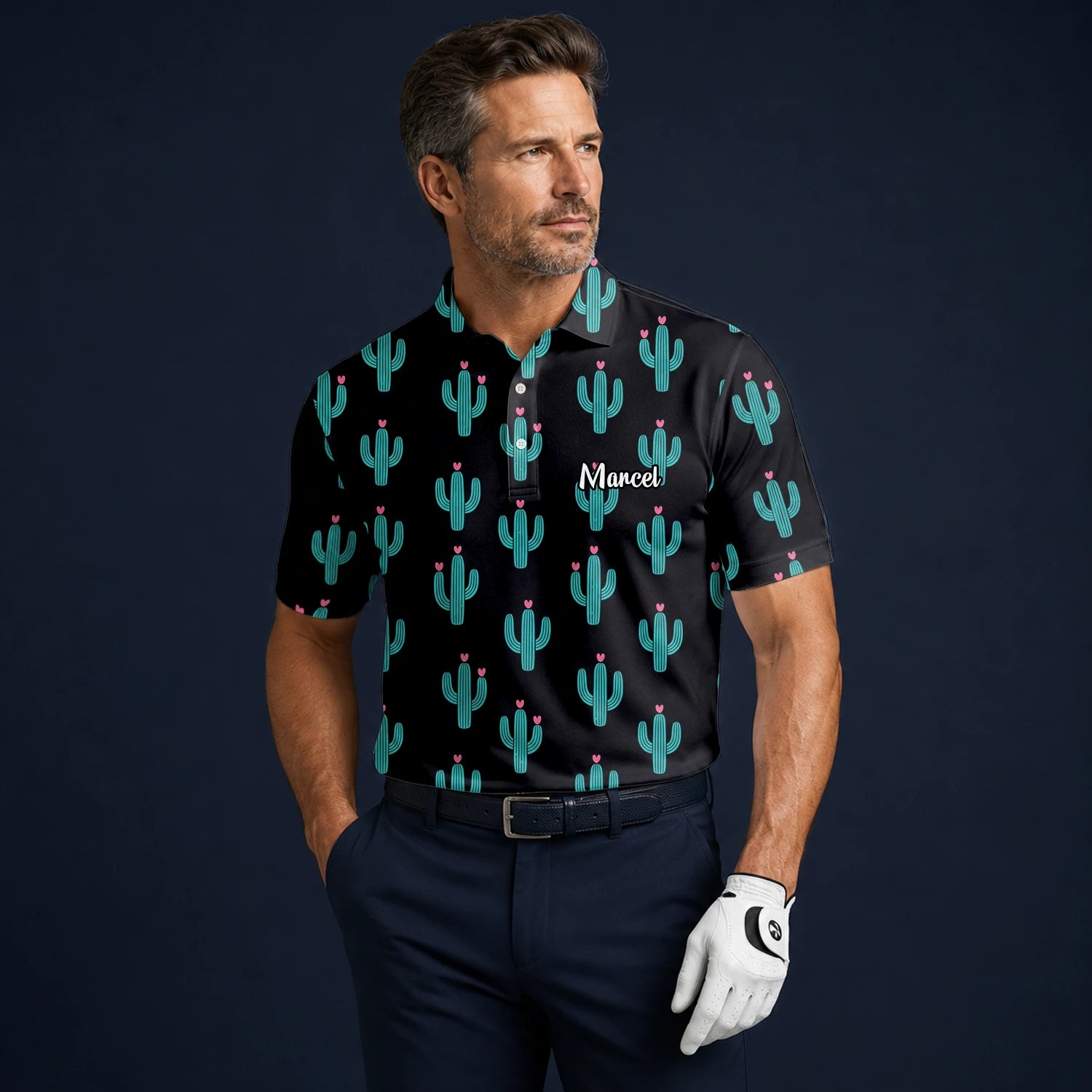 Personalisiertes Golf Poloshirt Schwarz Türkis Kaktus Herz Design für Herren L0709