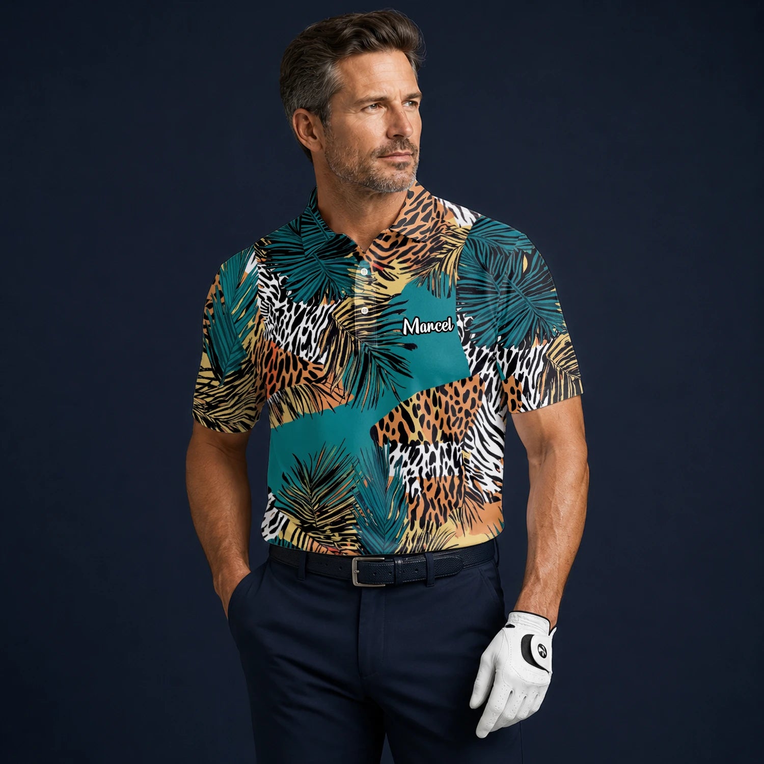 Personalisiertes Golf Poloshirt Türkis Orange Tropisches Palmen Animal Print Design für Herren A7122