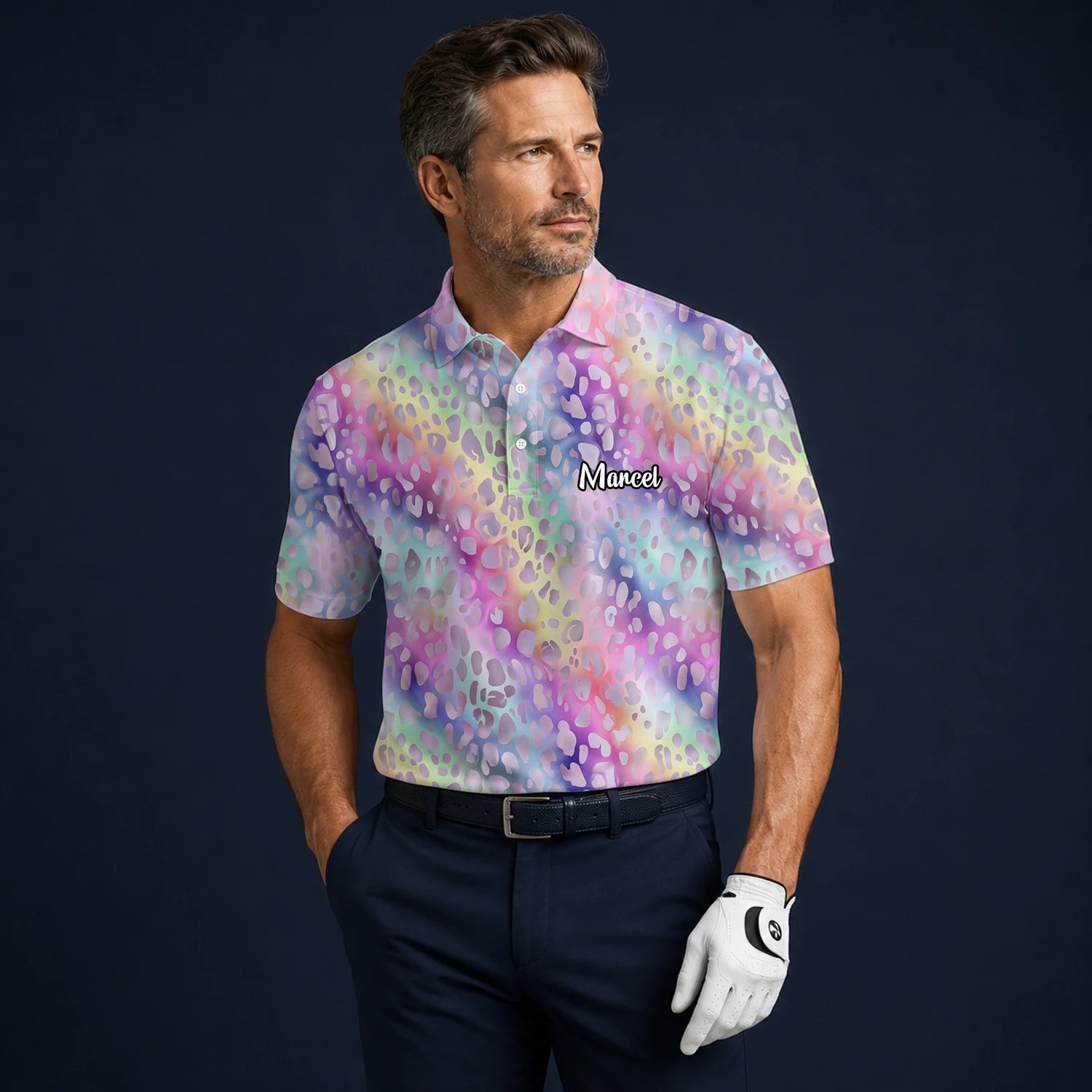 Personalisiertes Golf Poloshirt Pastell Regenbogen Leo Print Design für Herren E5373