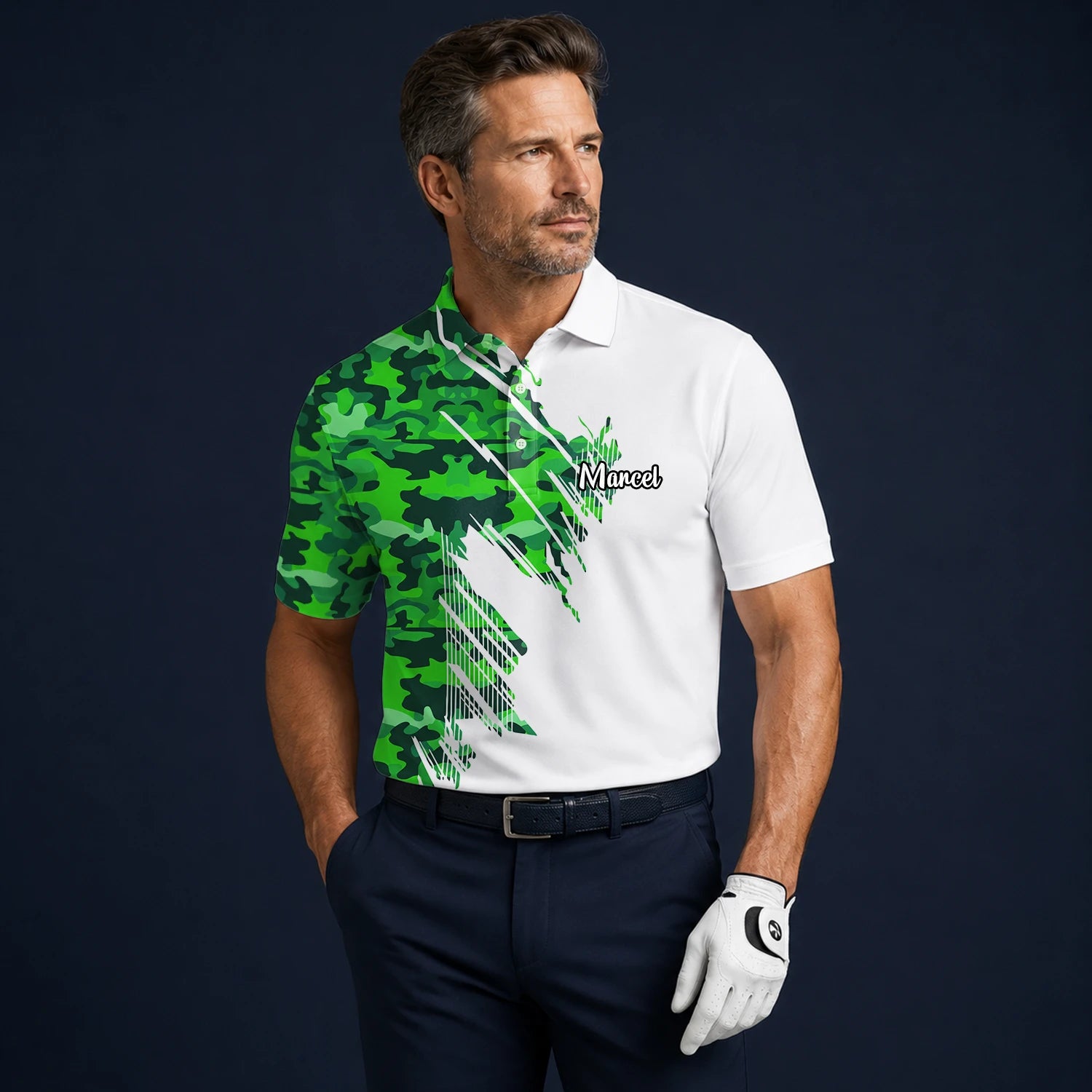 Personalisiertes Golf Poloshirt Weiß Grünes Camo Pinselstreifen Design für Herren E9788