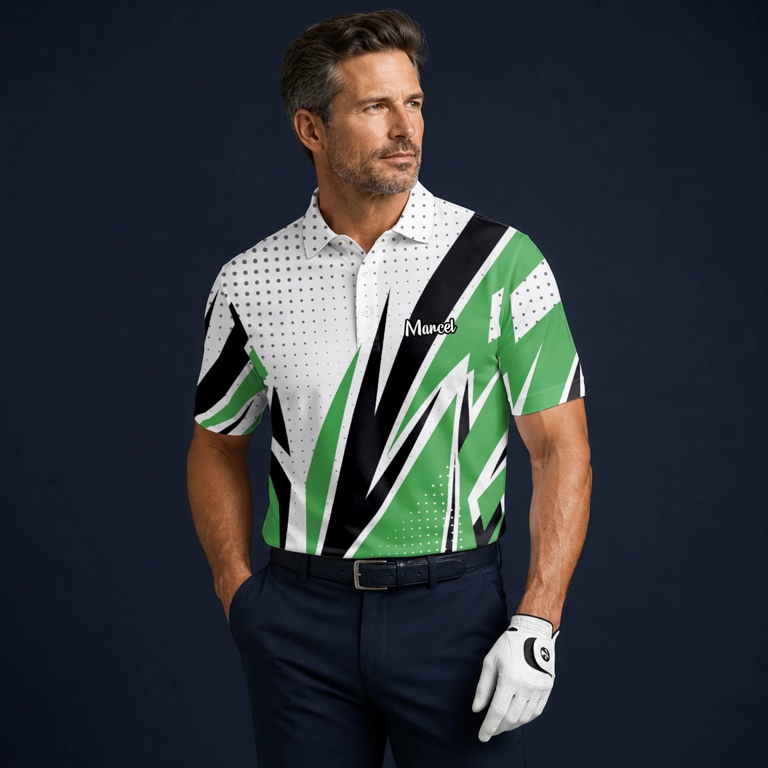 Personalisiertes Golf Poloshirt Weiß Grün Schwarzes Abstraktes Streifen Design für Herren C9494