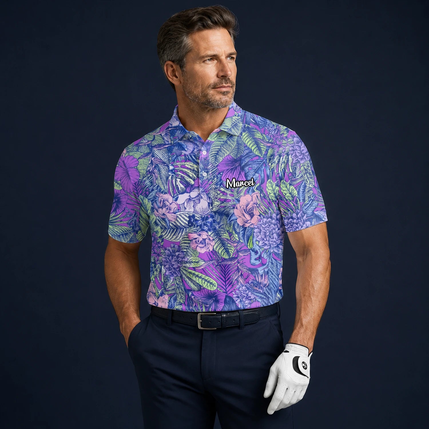Personalisiertes Golf Poloshirt Lila Blaues Tropisches Blumen Blätter Design für Herren B8037