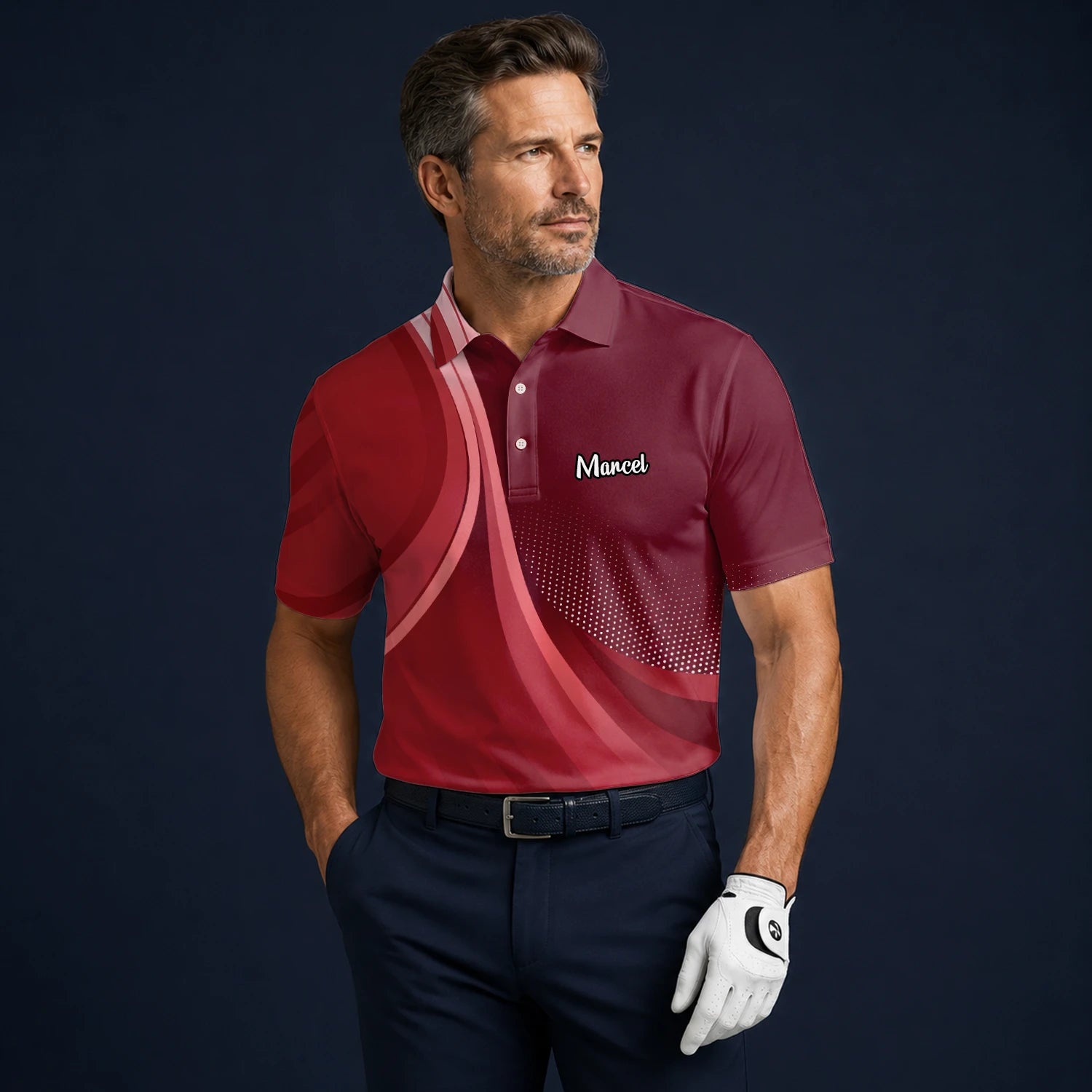 Personalisiertes Golf Poloshirt Bordeaux Rotes Abstraktes Wellen Design für Herren B4612