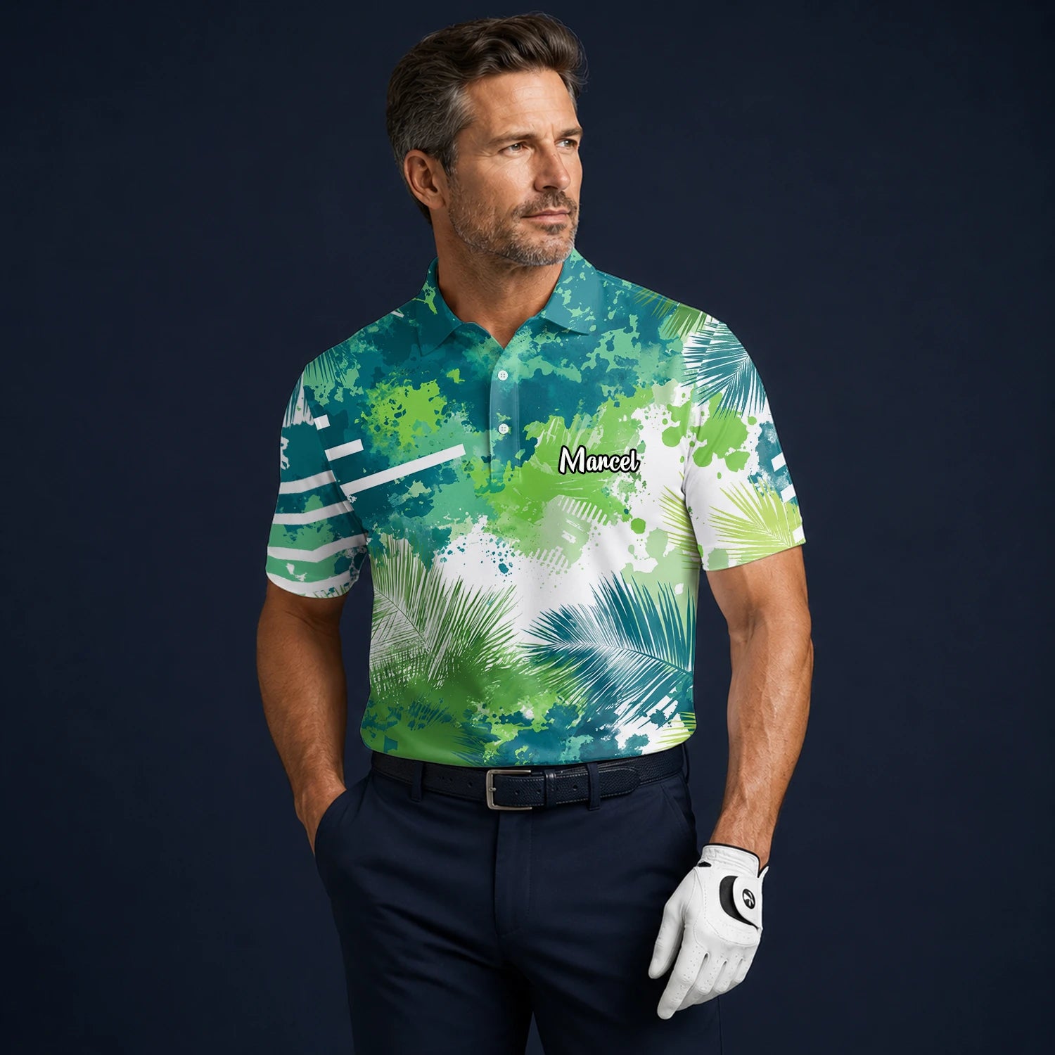 Personalisiertes Golf Poloshirt Grün Blaues Tropisches Blätter Farbklecks Design für Herren B7869