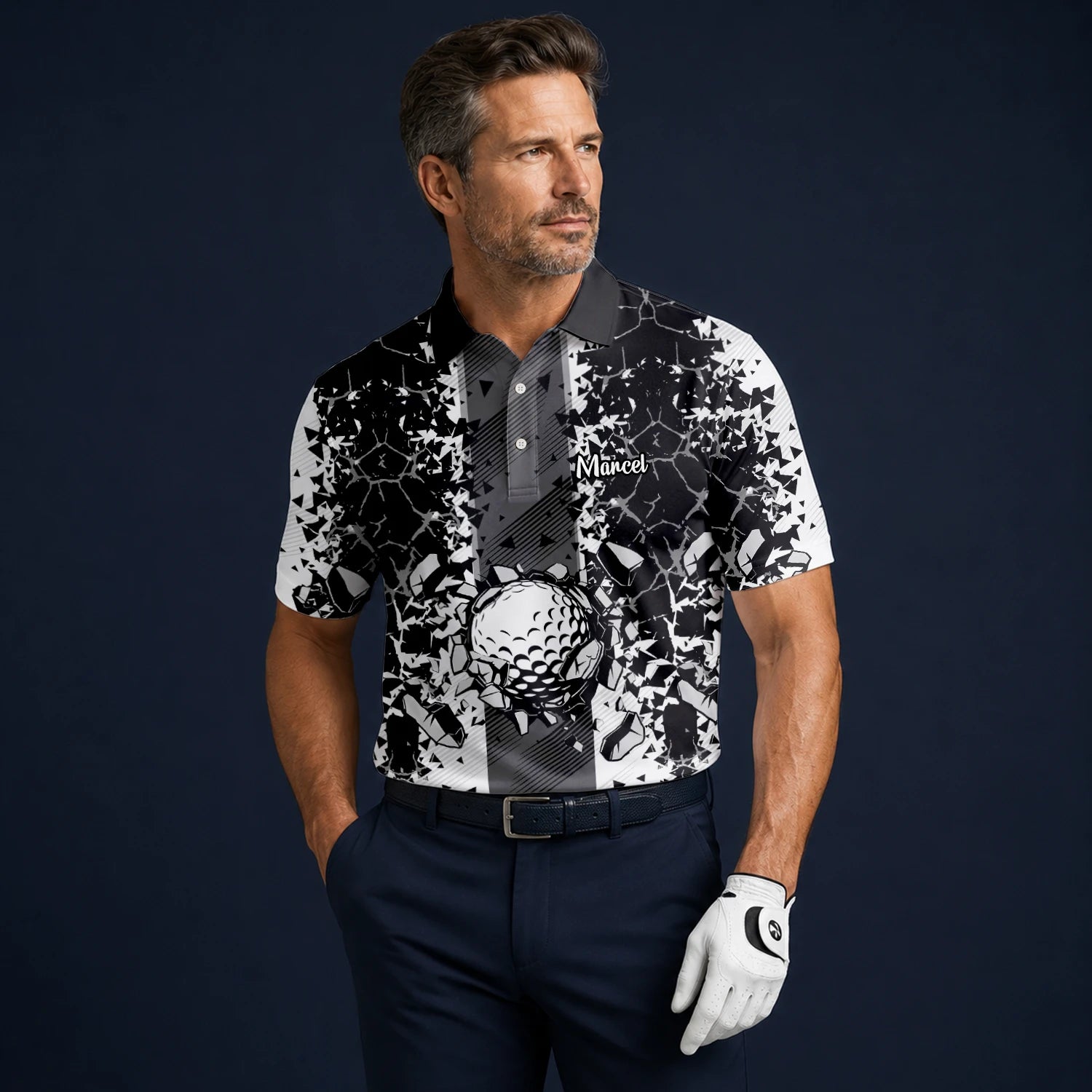 Personalisiertes Golf Poloshirt Schwarz Weißes Golfball Glassplitter Design für Herren F6407