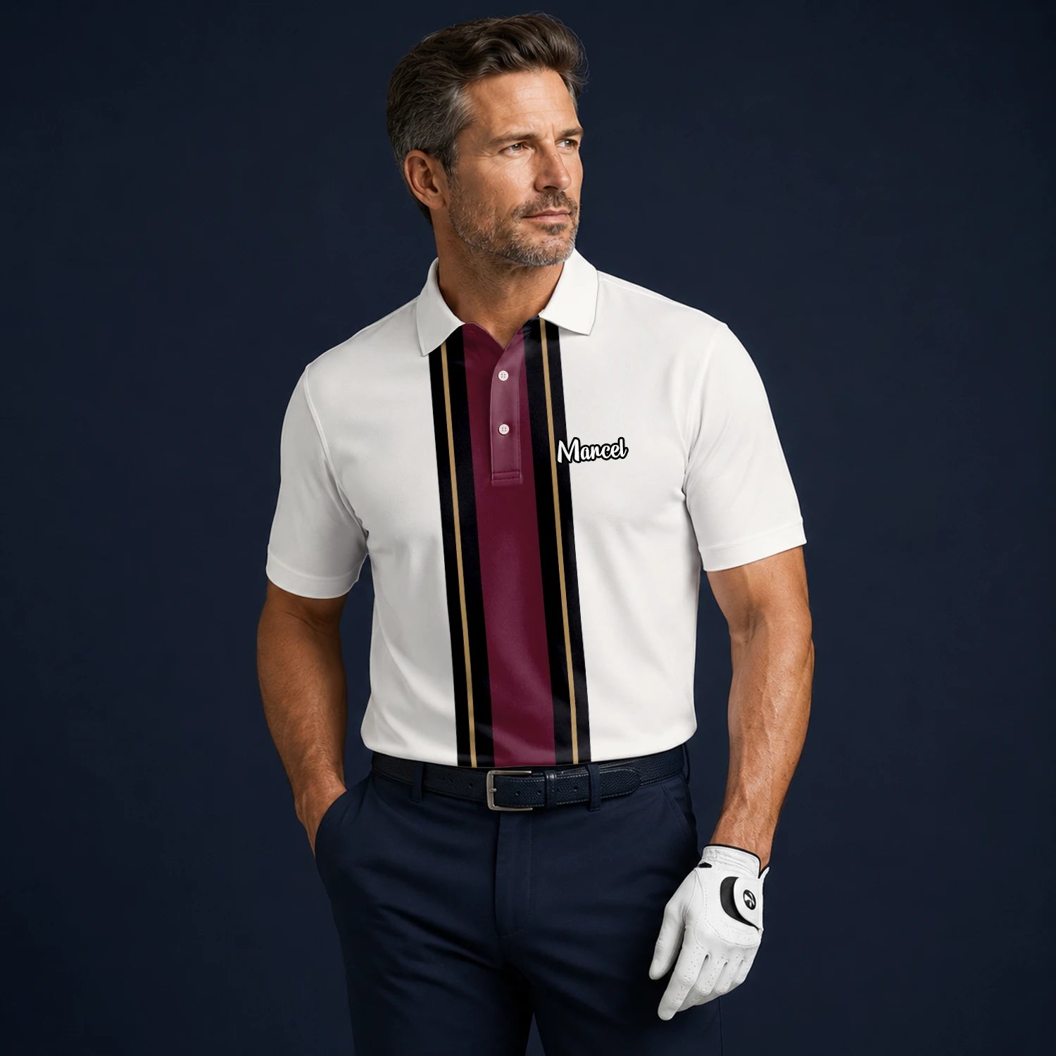 Personalisiertes Golf Poloshirt Weiß Bordeaux Schwarzes Rennstreifen Design für Herren G7028