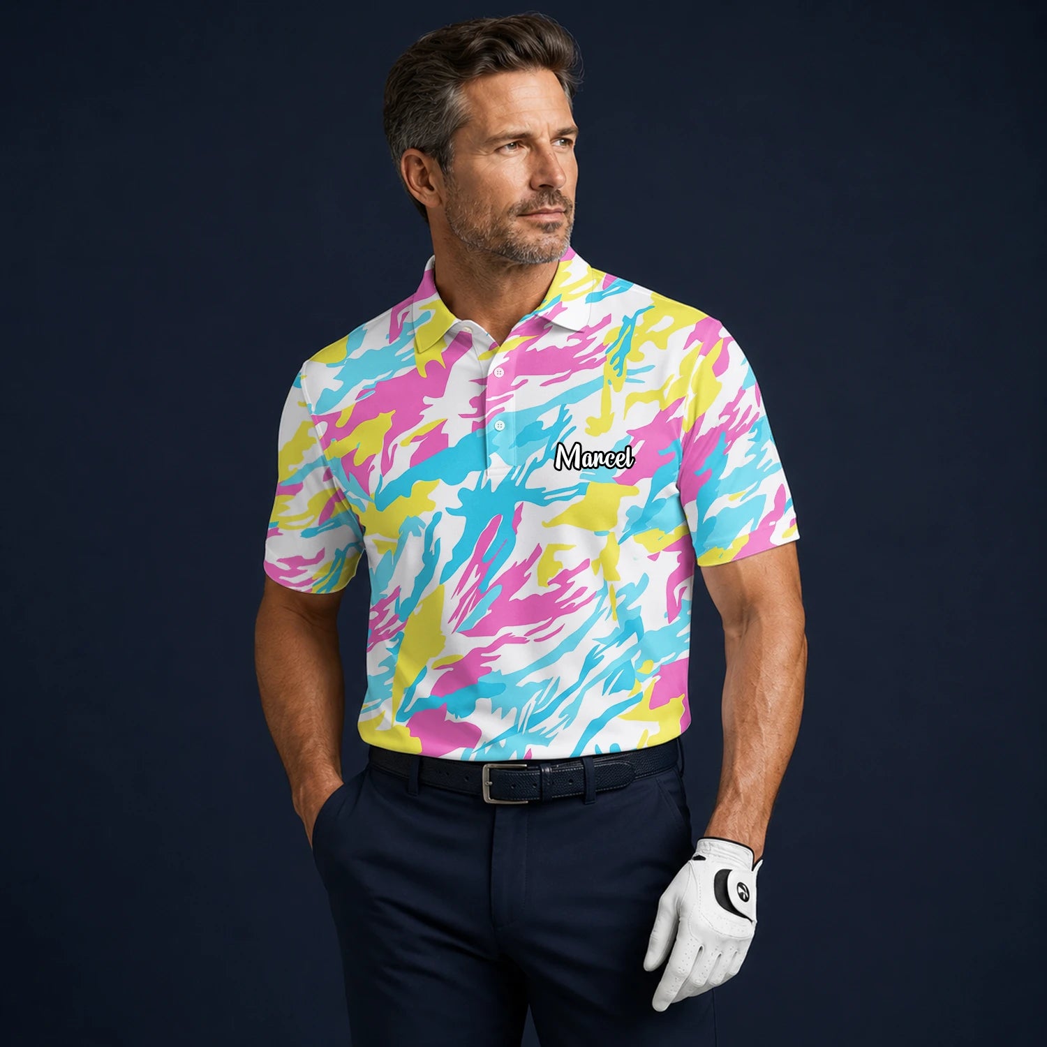 Personalisiertes Golf Poloshirt Pastell Regenbogen Camo Design für Herren F0280