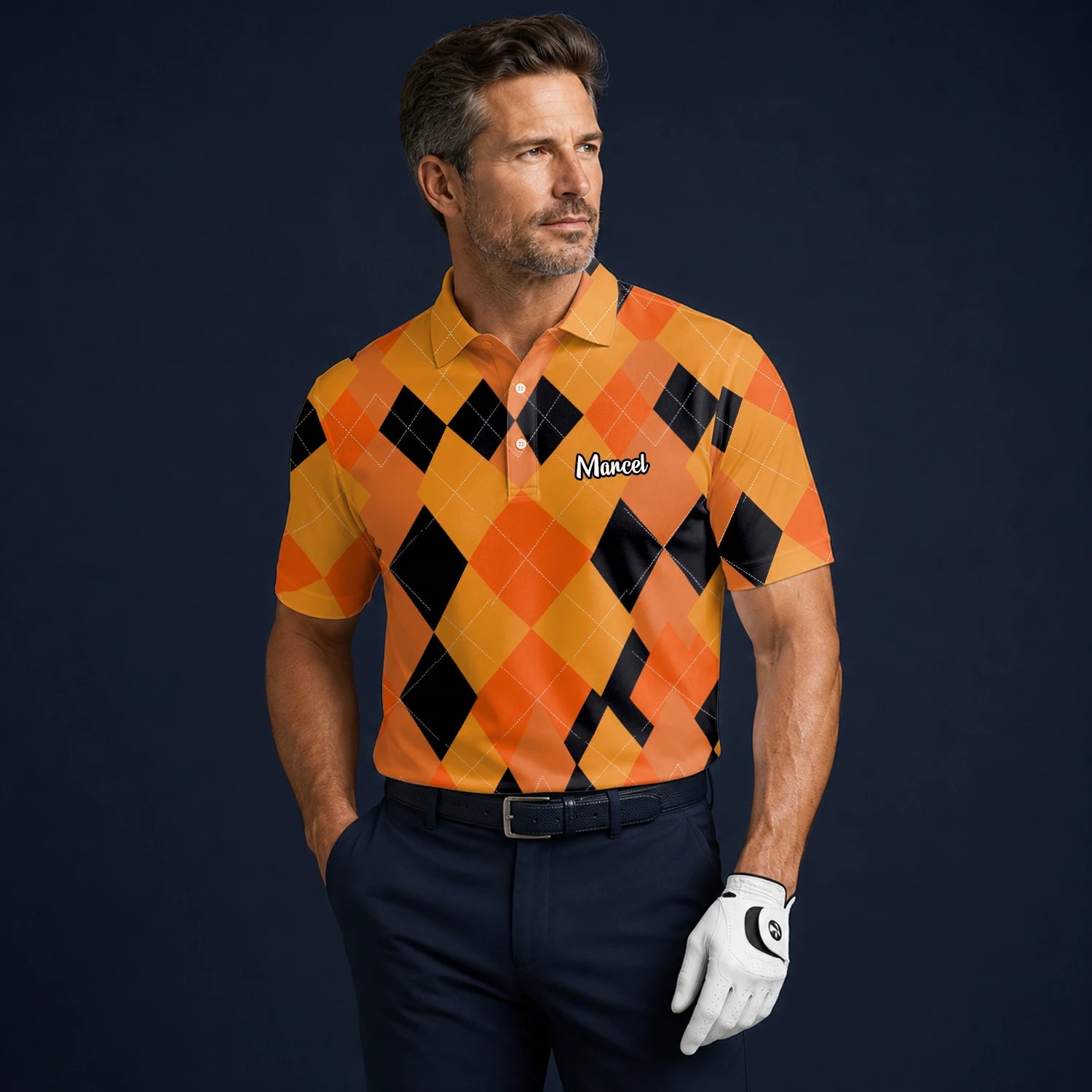 Personalisiertes Golf Poloshirt Orange Schwarzes Rauten Muster für Herren C4203