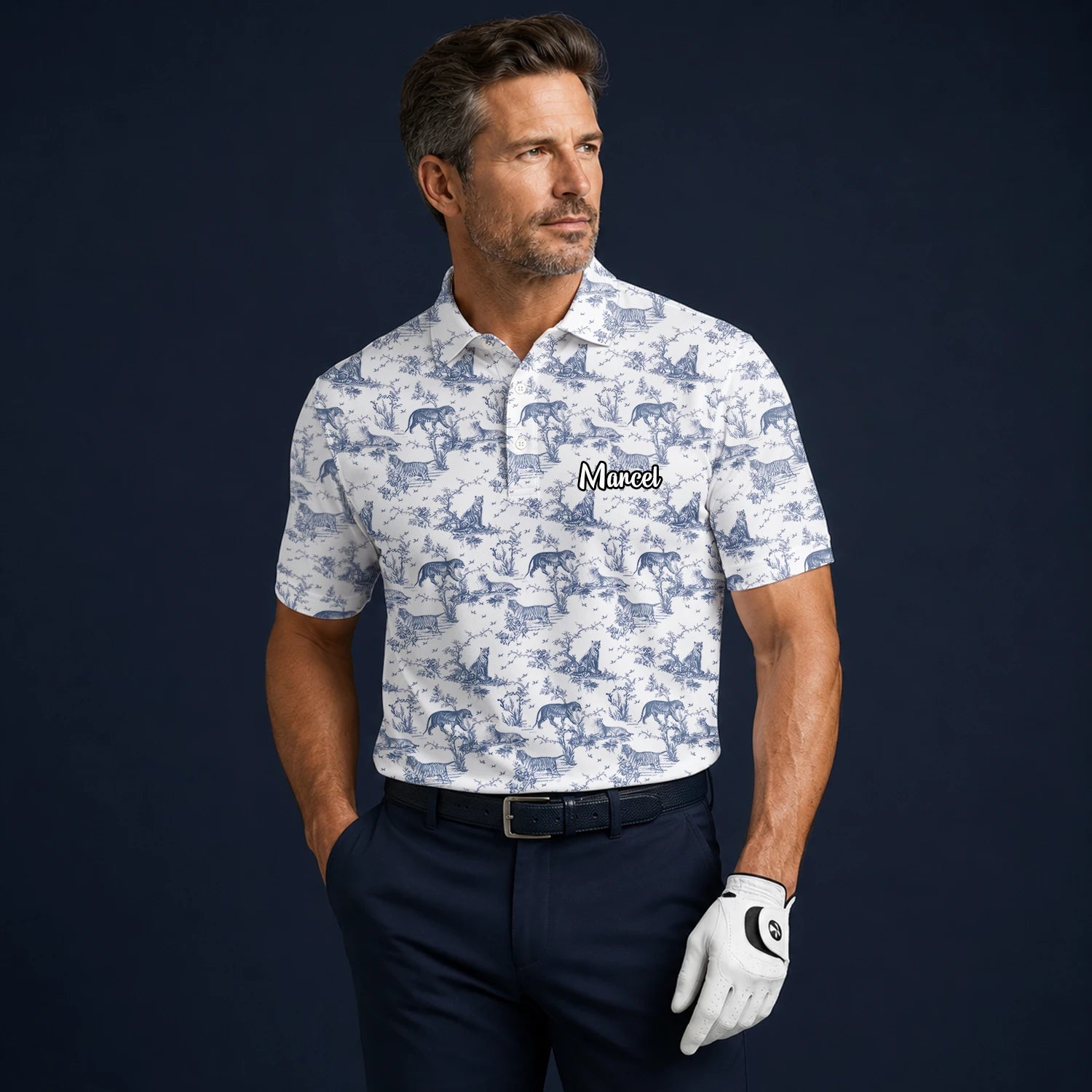 Personalisiertes Golf Poloshirt Weiß Blaues Dinosaurier Toile Design für Herren Q4771