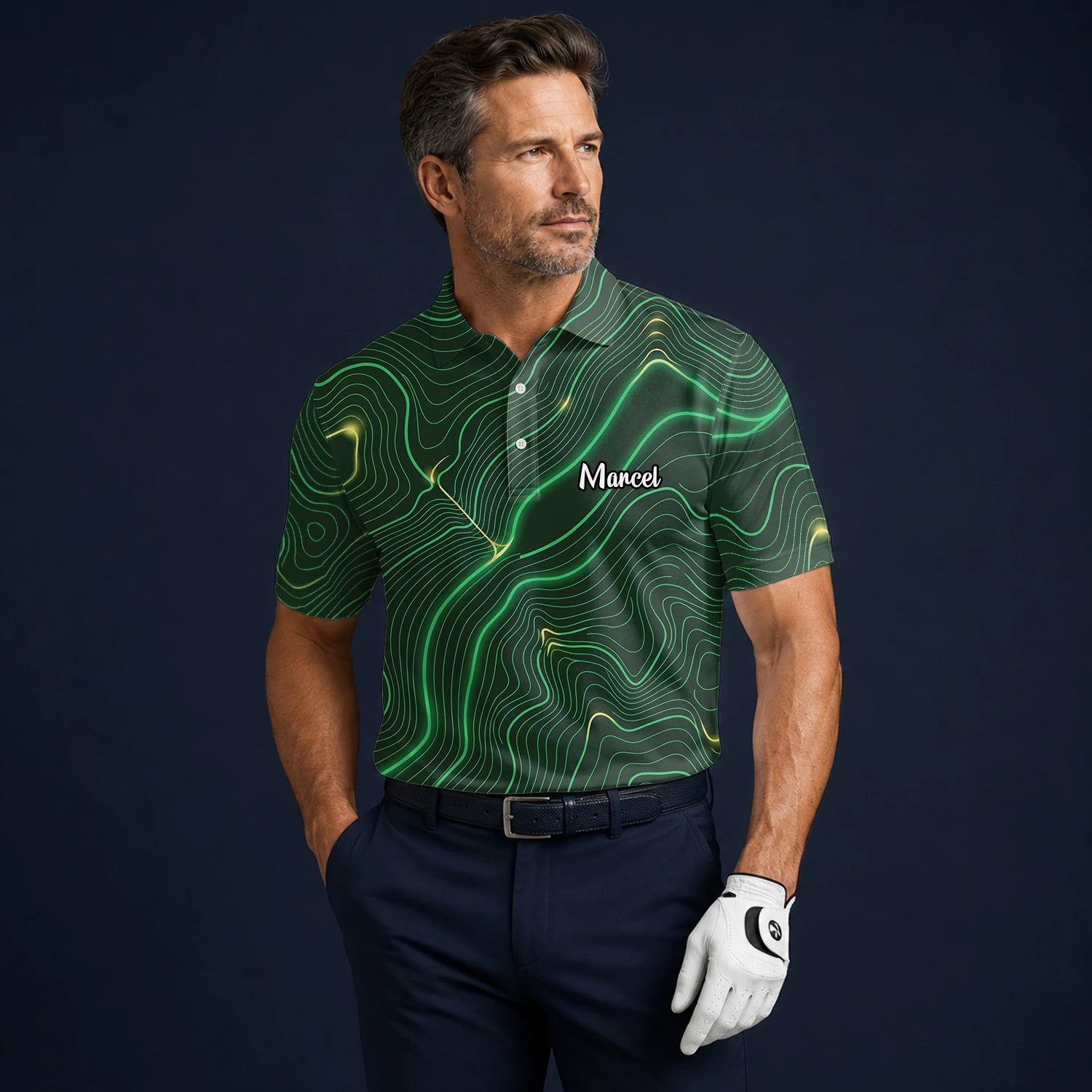 Personalisiertes Golf Poloshirt Grün Schwarzes Topografisches Linien Design für Herren E4992