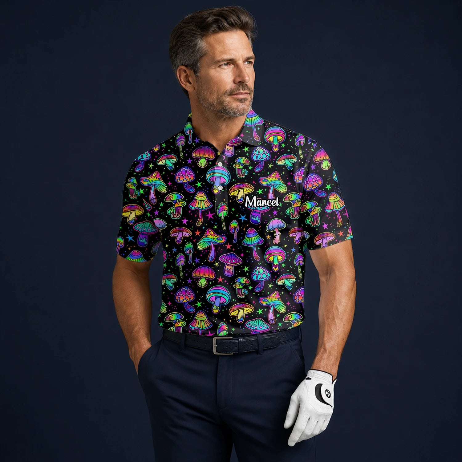 Personalisiertes Golf Poloshirt Schwarz Neon Pilz Psychedelisches Design für Herren L0182