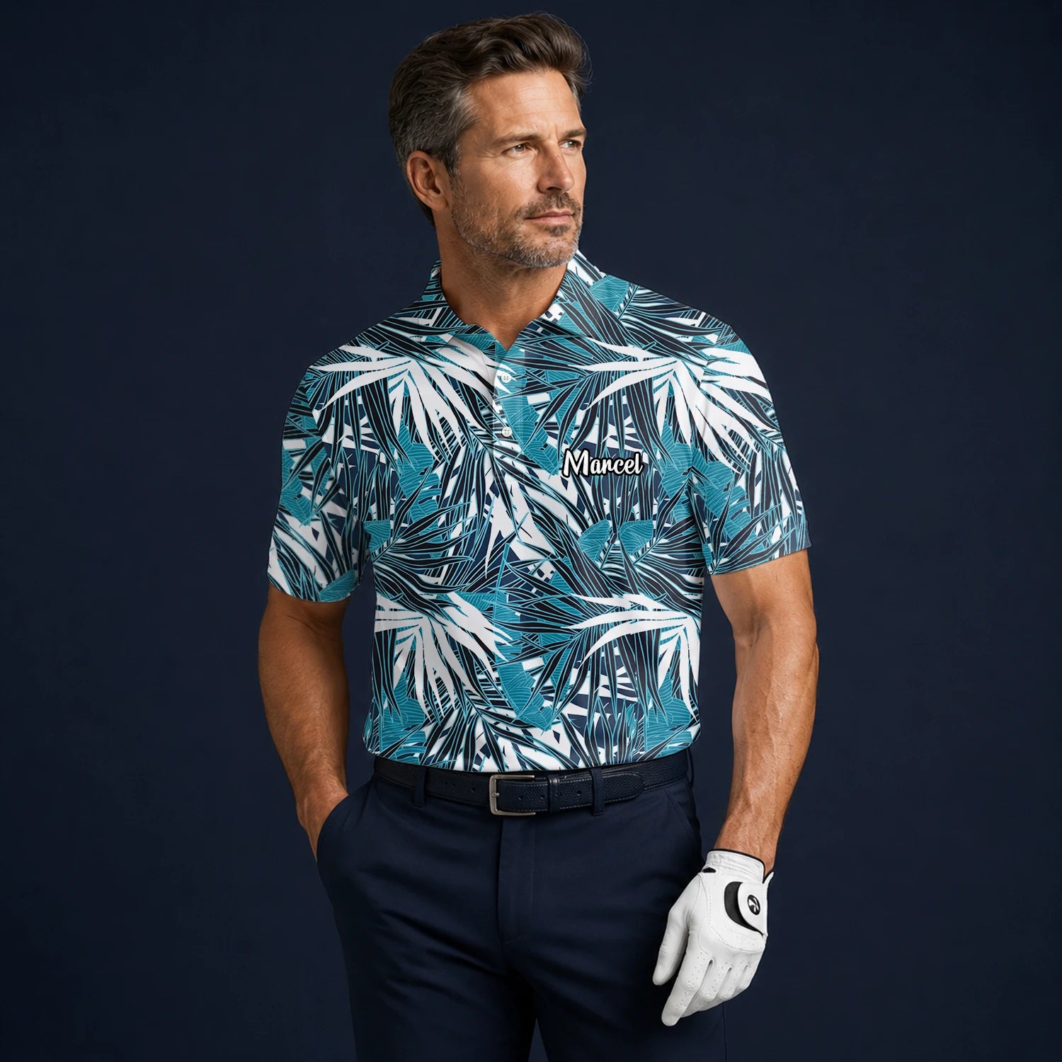 Personalisiertes Golf Poloshirt Türkis Schwarz Weißes Palmenblätter Design für Herren S8543