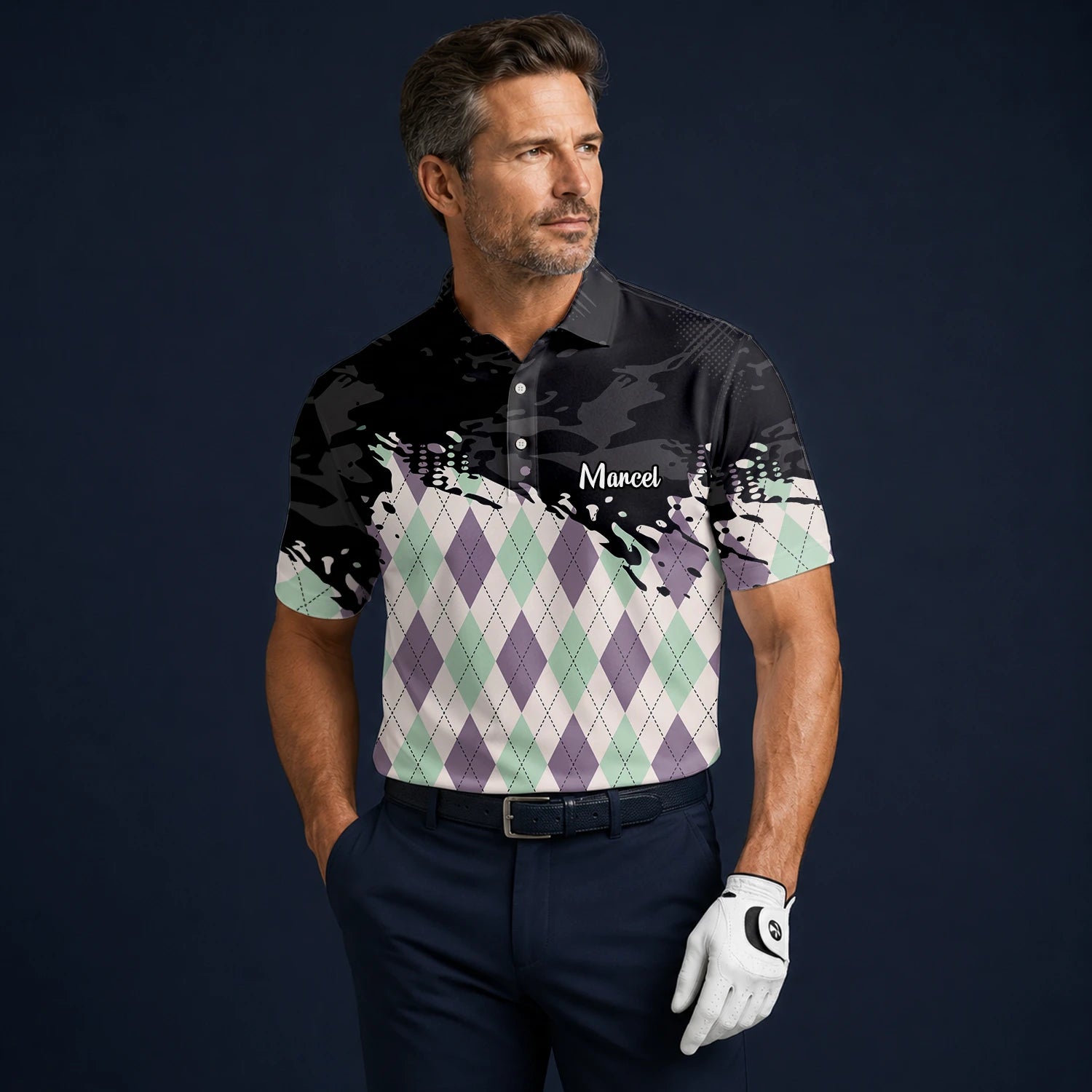Personalisiertes Golf Poloshirt Schwarz Mint Lila Rauten Farbklecks Design für Herren C5124
