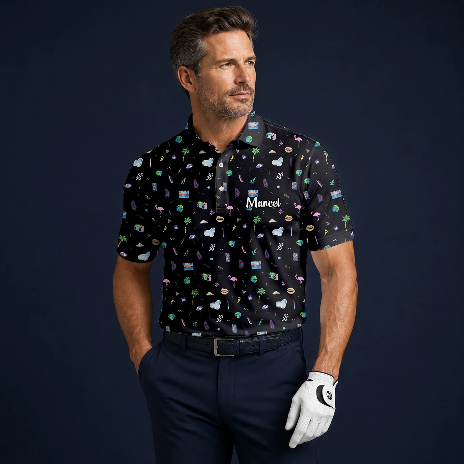 Personalisiertes Golf Poloshirt Schwarzes Urlaub Reise Doodle Design für Herren V7883