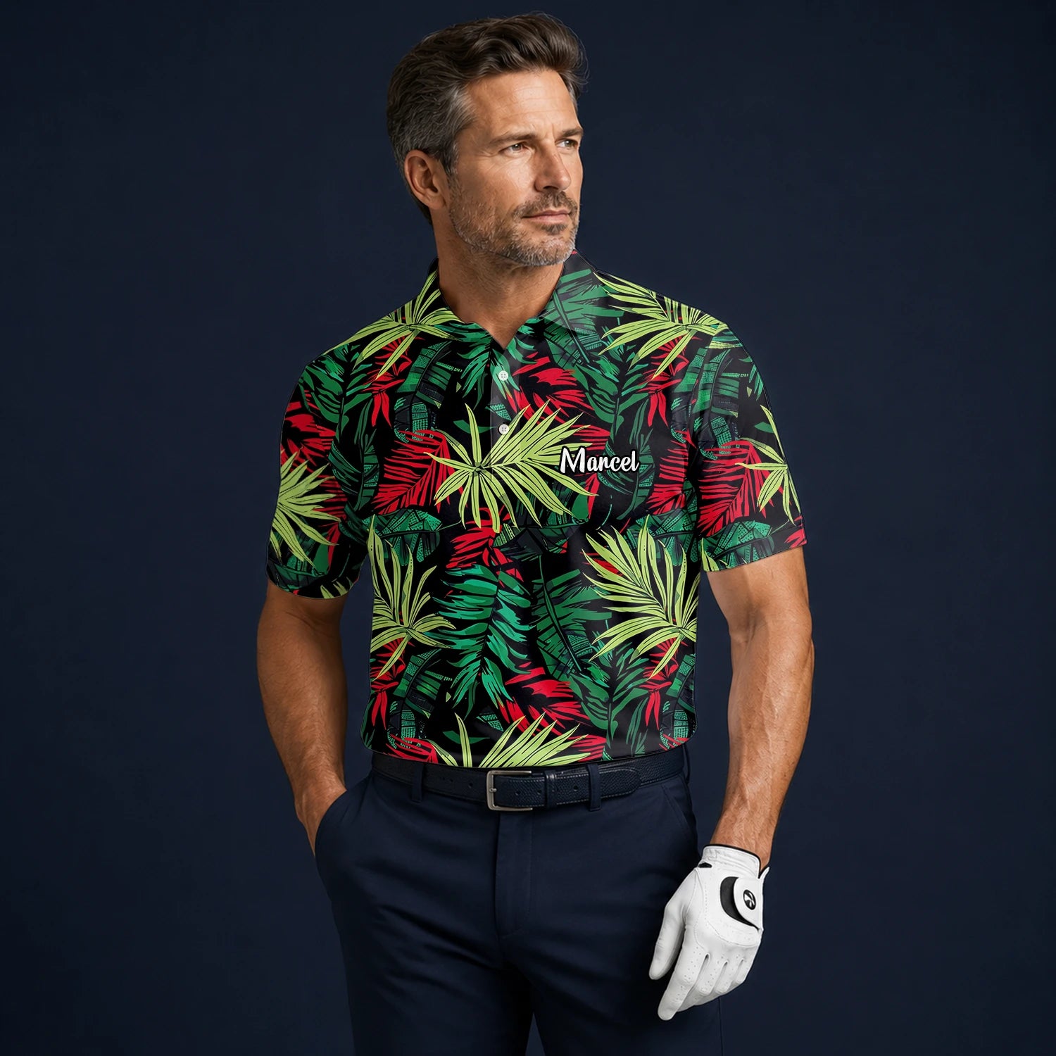 Personalisiertes Golf Poloshirt Schwarz Grün Rotes Tropisches Blätter Design für Herren U5191