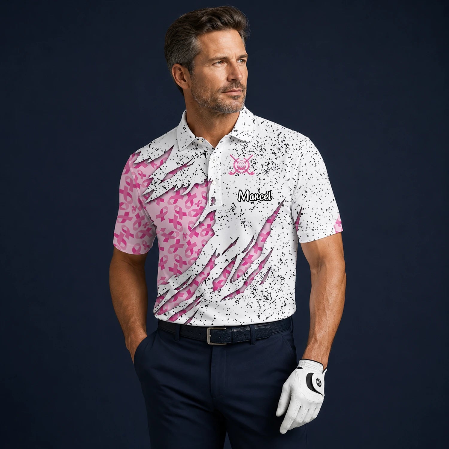 Personalisiertes Golf Poloshirt Weiß Rosa Brustkrebs Schleifen Zerrissenes Design für Herren B7190