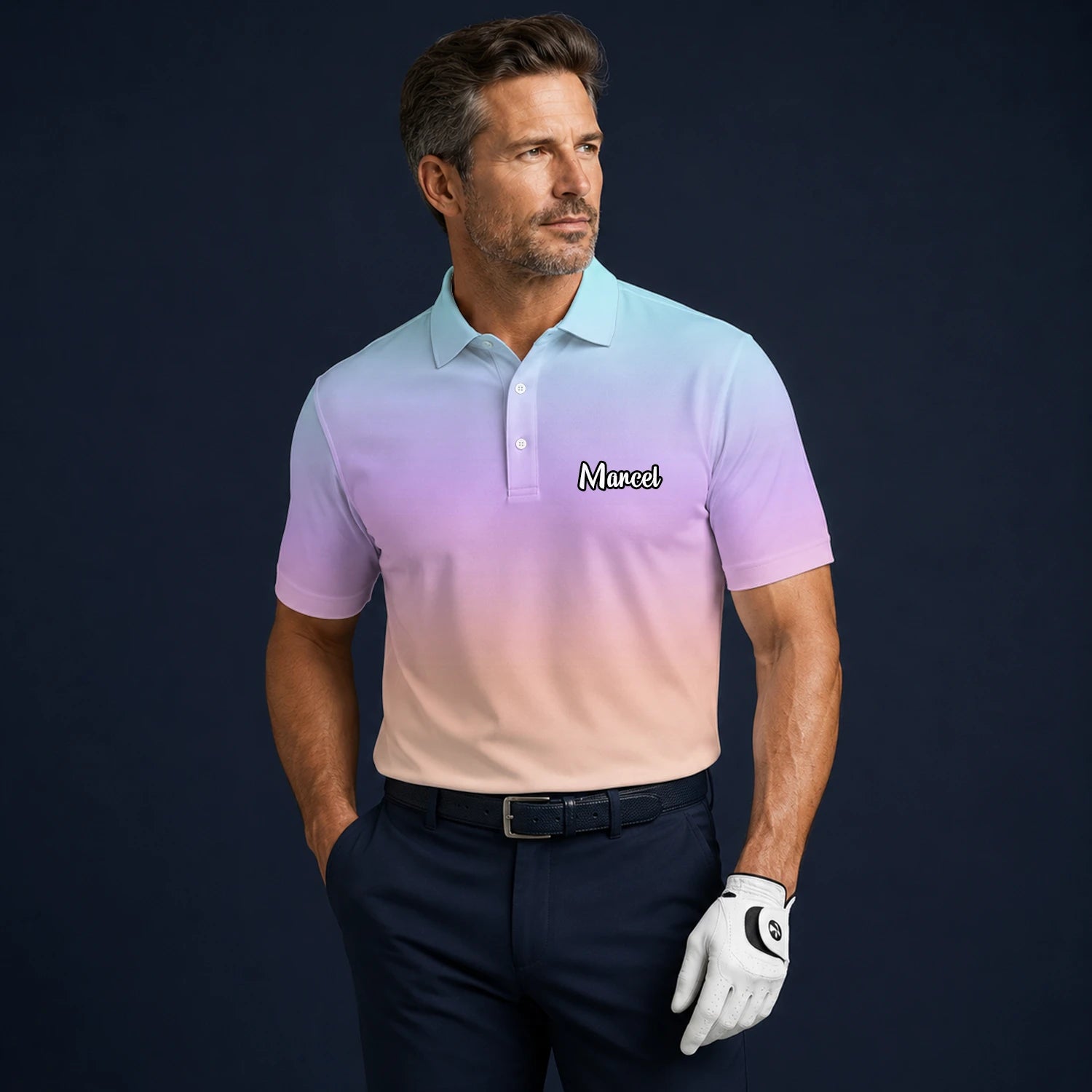 Personalisiertes Golf Poloshirt Pastell Regenbogen Farbverlauf Design für Herren R9936
