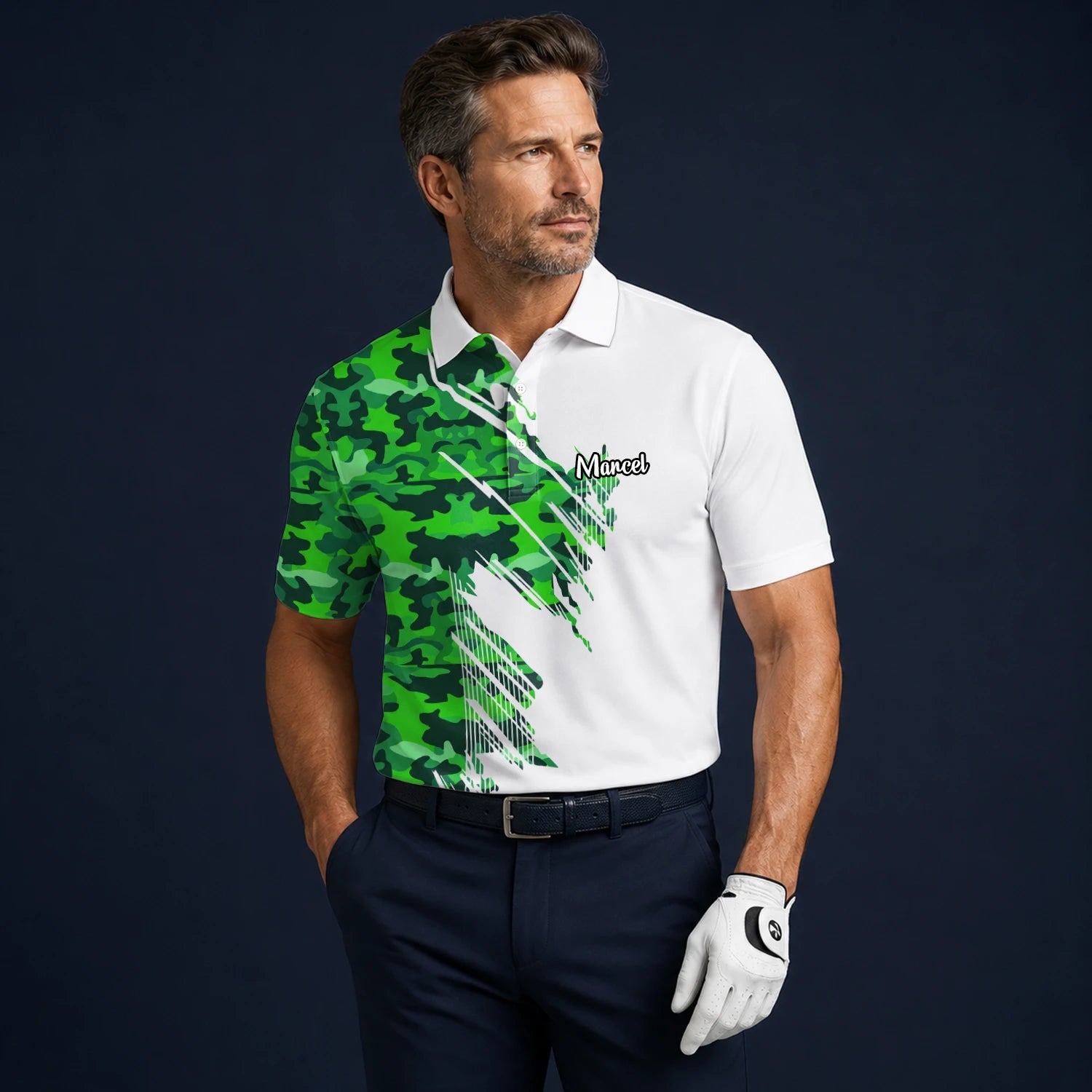 Personalisiertes Golf Poloshirt Weiß Grünes Camo Pinselstreifen Design für Herren E9788