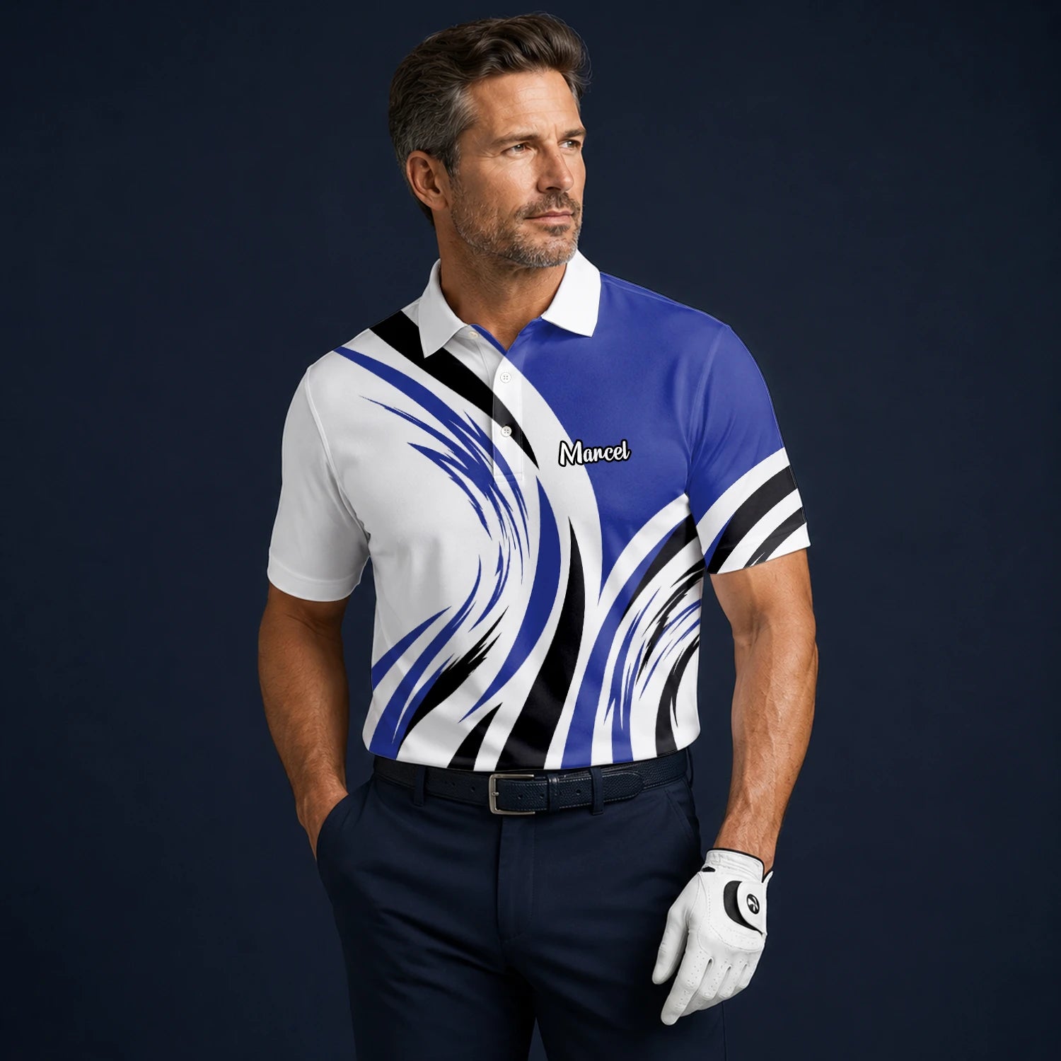 Personalisiertes Golf Poloshirt Weiß Blau Schwarzes Abstraktes Wellen Design für Herren V7849