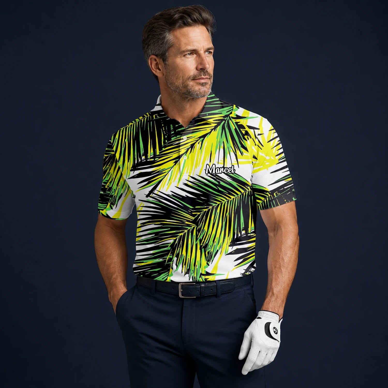 Personalisiertes Golf Poloshirt Schwarz Limettengrünes Tropisches Palmenblätter Design für Herren R3070