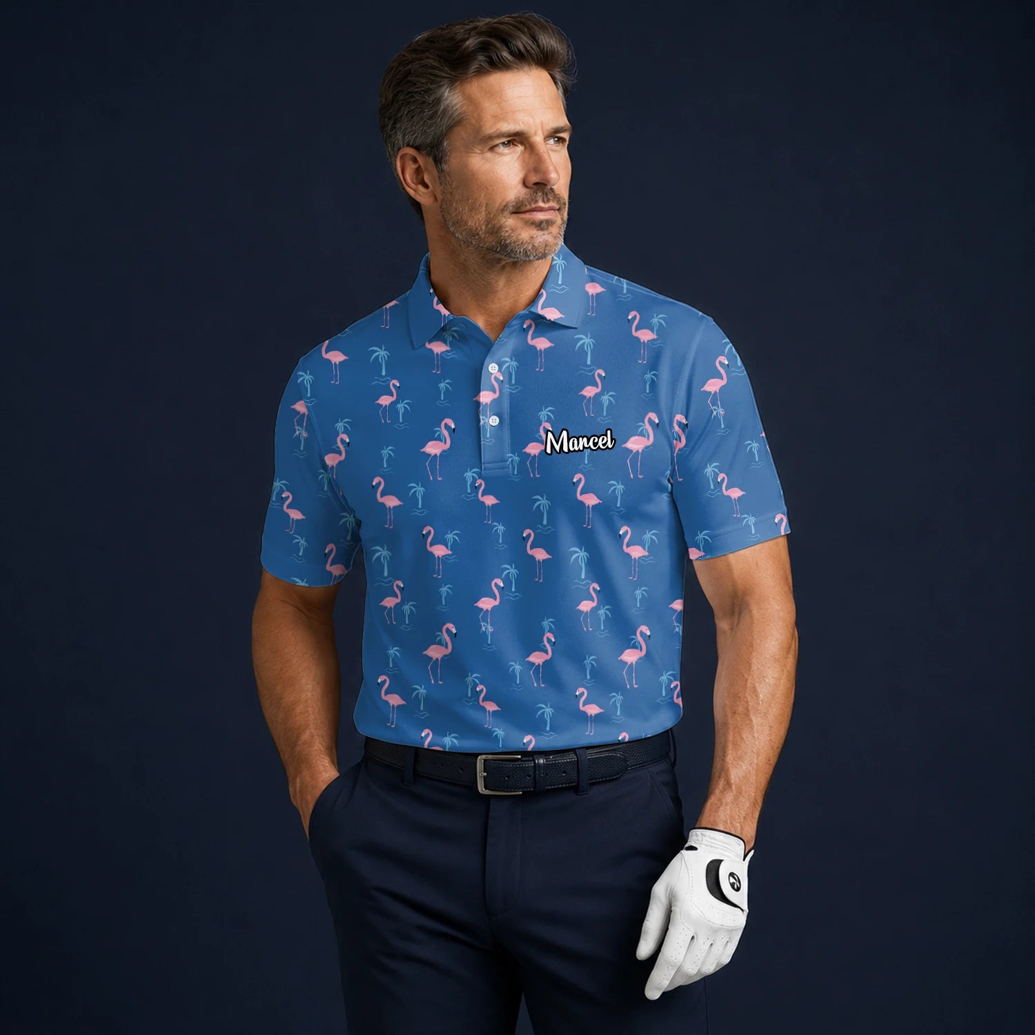 Personalisiertes Golf Poloshirt Blau Rosa Flamingo Palmen Design für Herren C8068