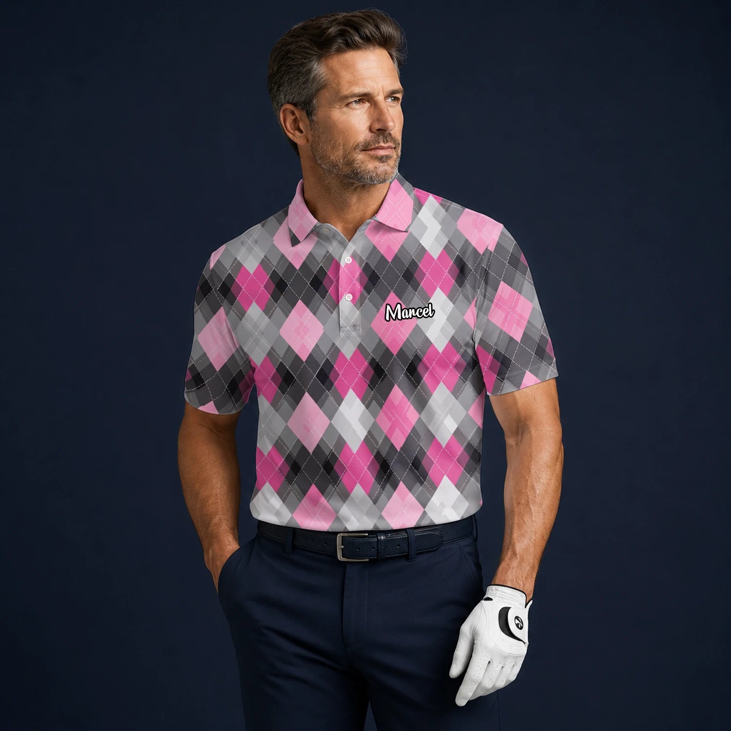 Personalisiertes Golf Poloshirt Rosa Graues Rauten Muster für Herren Z9376