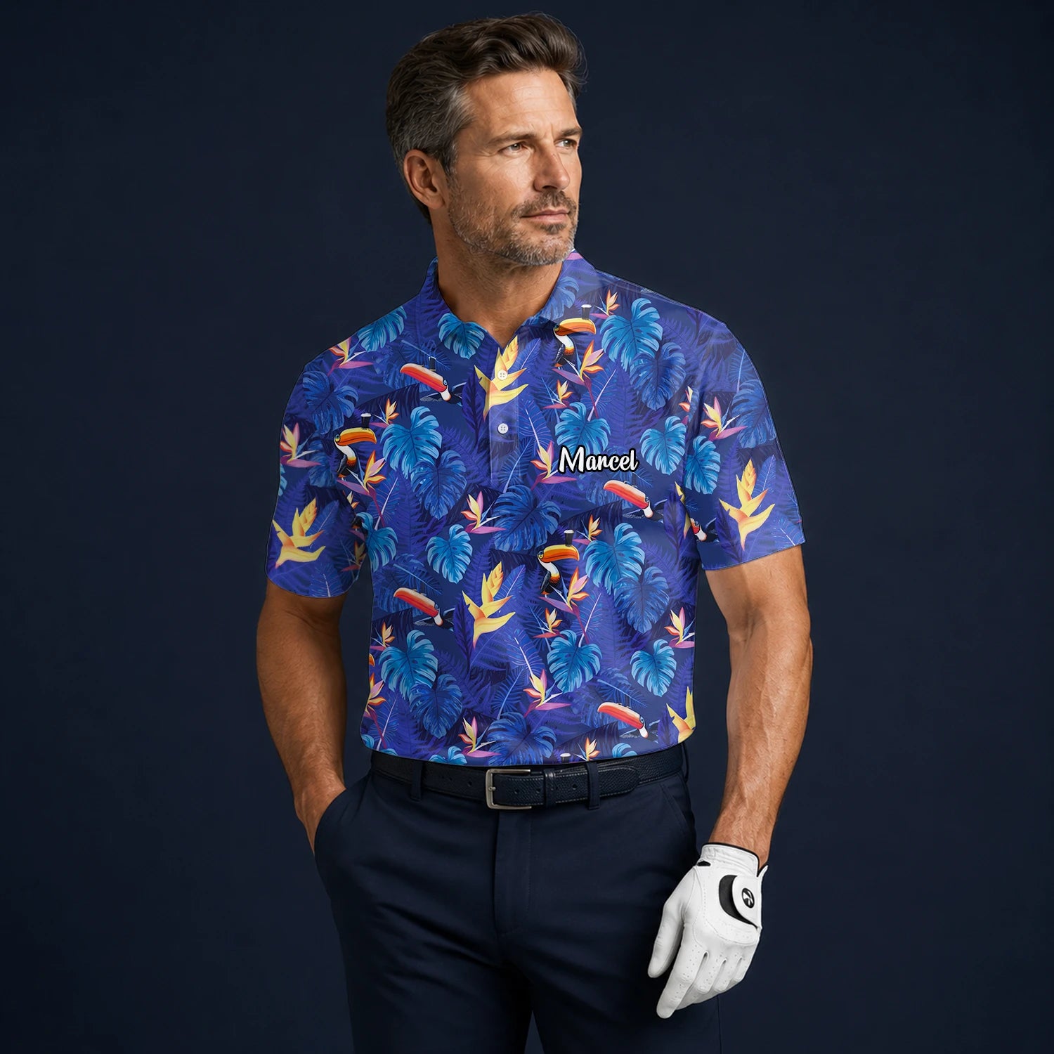 Personalisiertes Golf Poloshirt Marineblaues Tropisches Tukan Blätter Design für Herren S1836