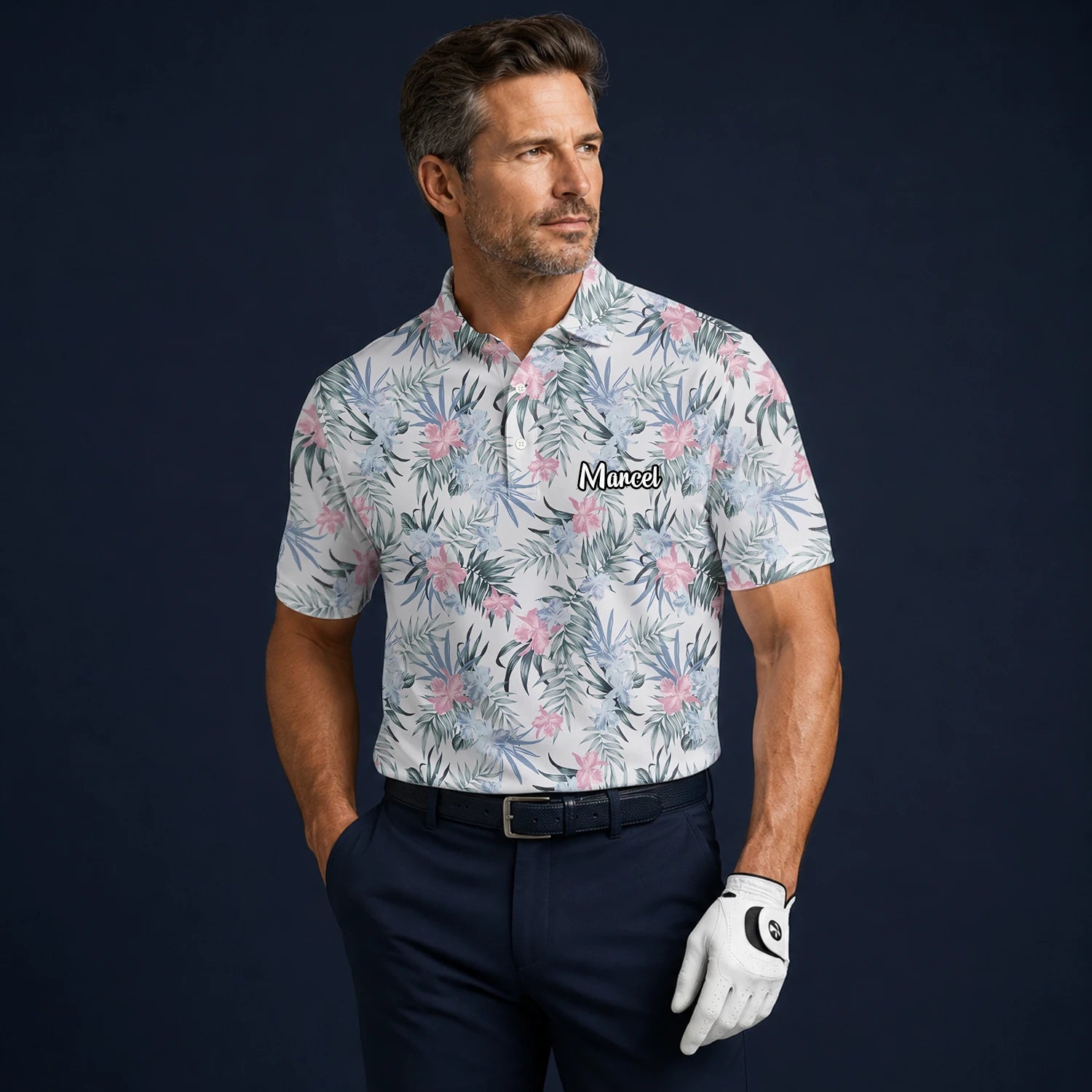 Personalisiertes Golf Poloshirt Weiß Rosa Tropisches Blumen Blätter Design für Herren C1037