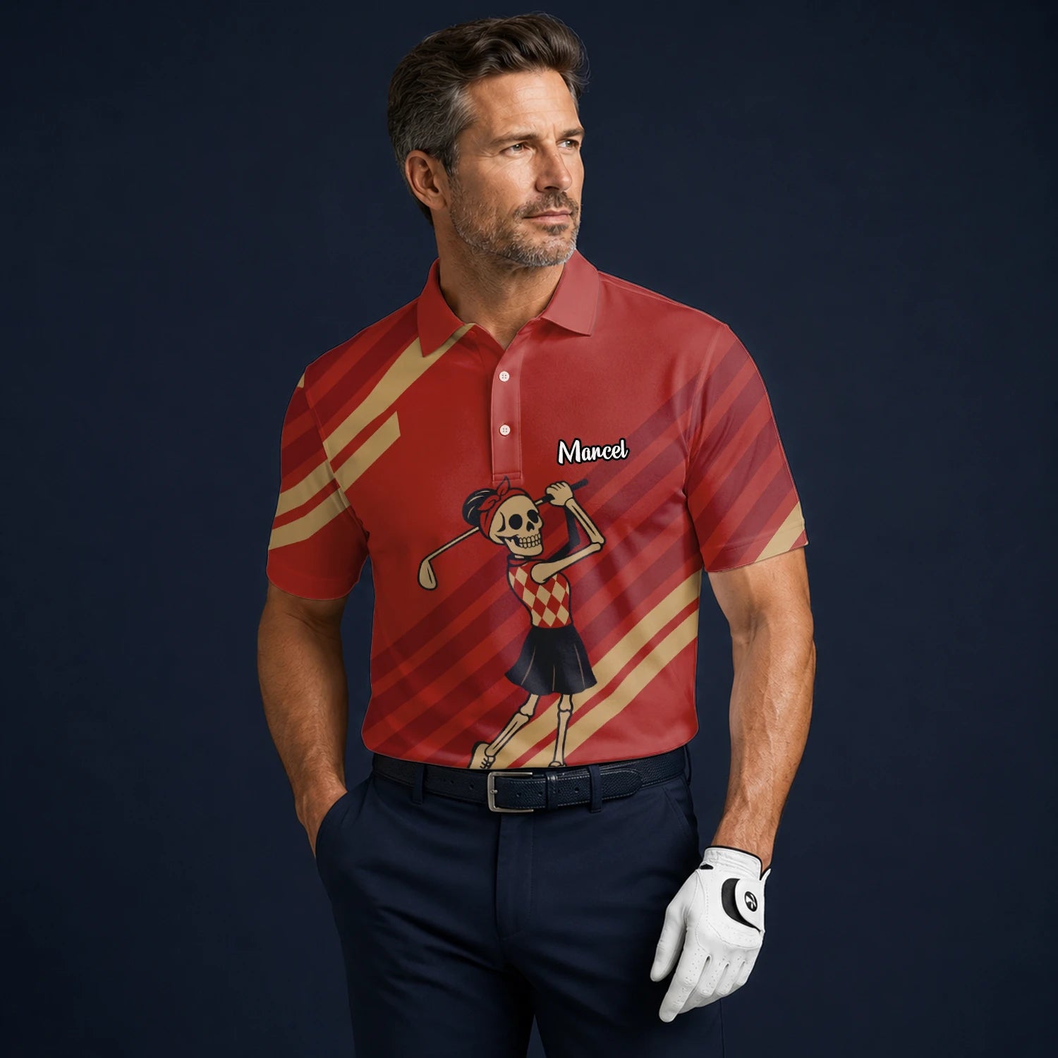 Personalisiertes Golf Poloshirt Rotes Skelett Golfer Cartoon Design für Herren Y0970