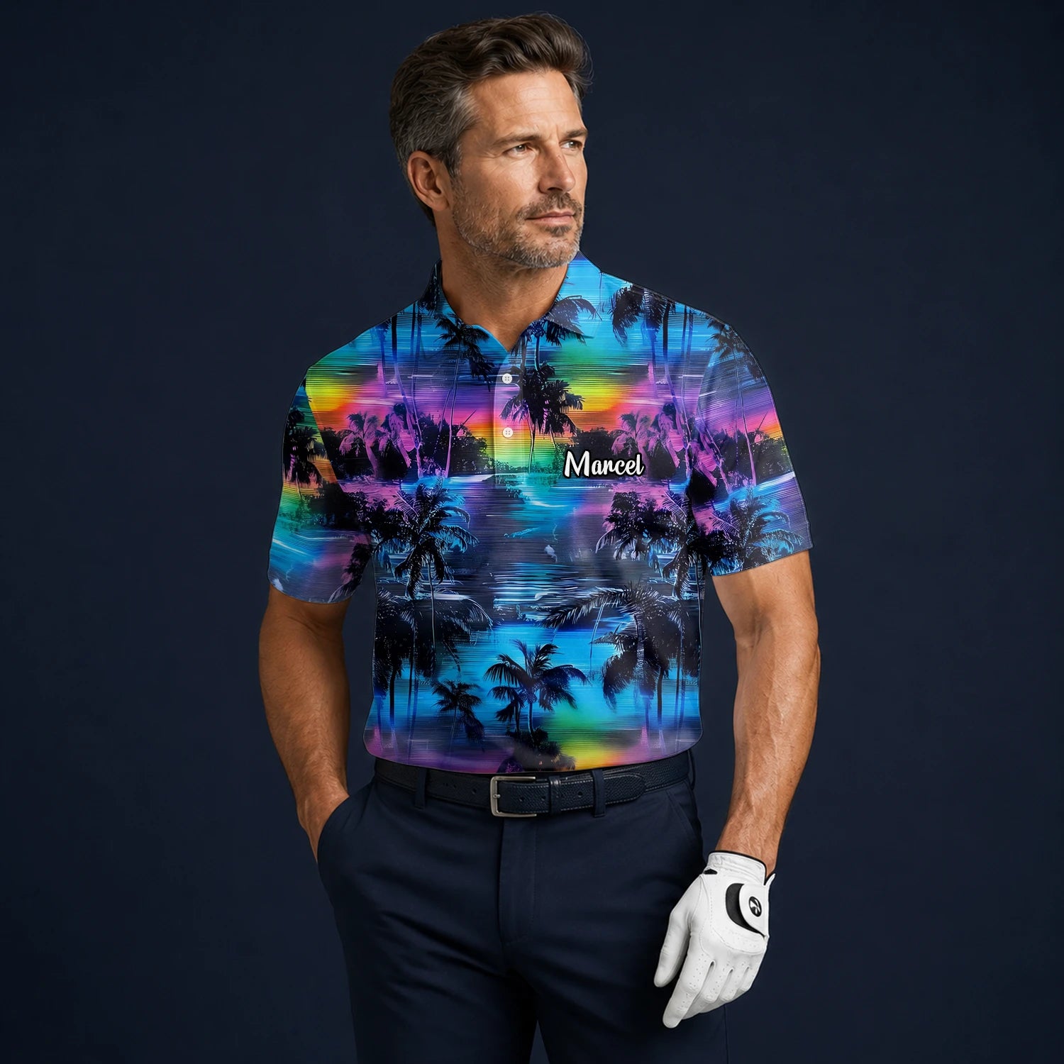 Personalisiertes Golf Poloshirt Blau Lila Palmen Sonnenuntergang Design für Herren K8435