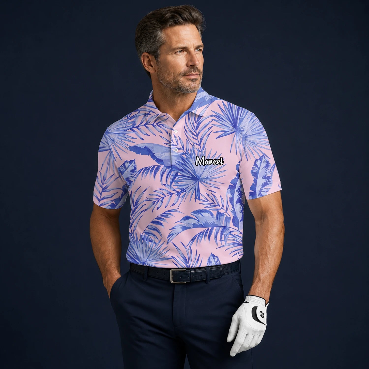 Personalisiertes Golf Poloshirt Rosa Lavendel Tropisches Palmenblätter Design für Herren M3354