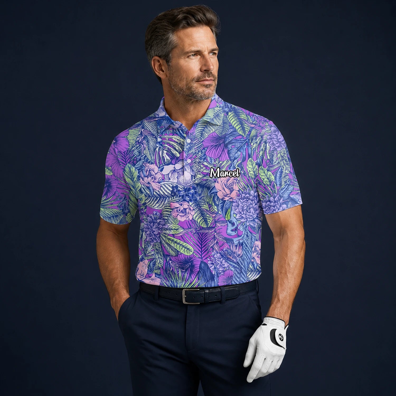 Personalisiertes Golf Poloshirt Lila Blaues Tropisches Blumen Blätter Design für Herren B8037