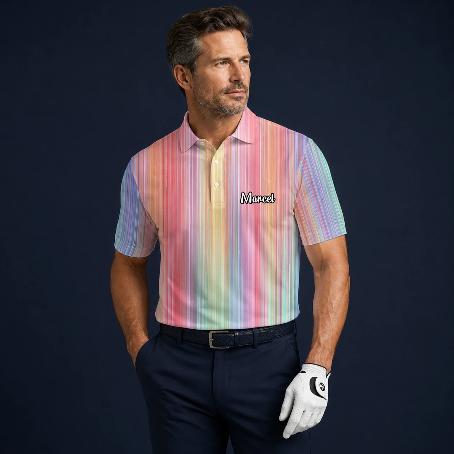 Personalisiertes Golf Poloshirt Pastell Regenbogen Streifen Design für Herren C5307