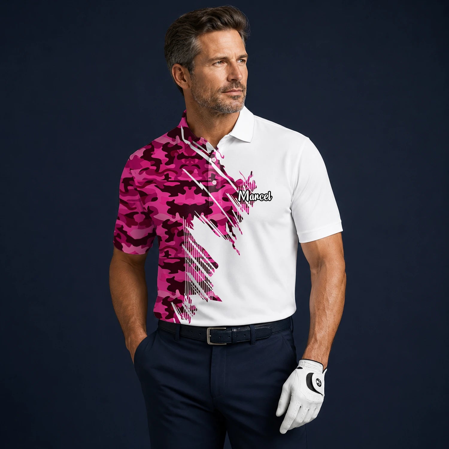 Personalisiertes Golf Poloshirt Weiß Rosa Camo Pinselstrich Design für Herren S6501