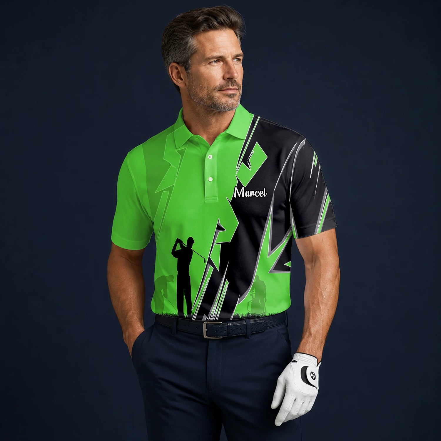 Personalisiertes Golf Poloshirt Limettengrünes Golfer Silhouetten Blitz Design für Herren V5316