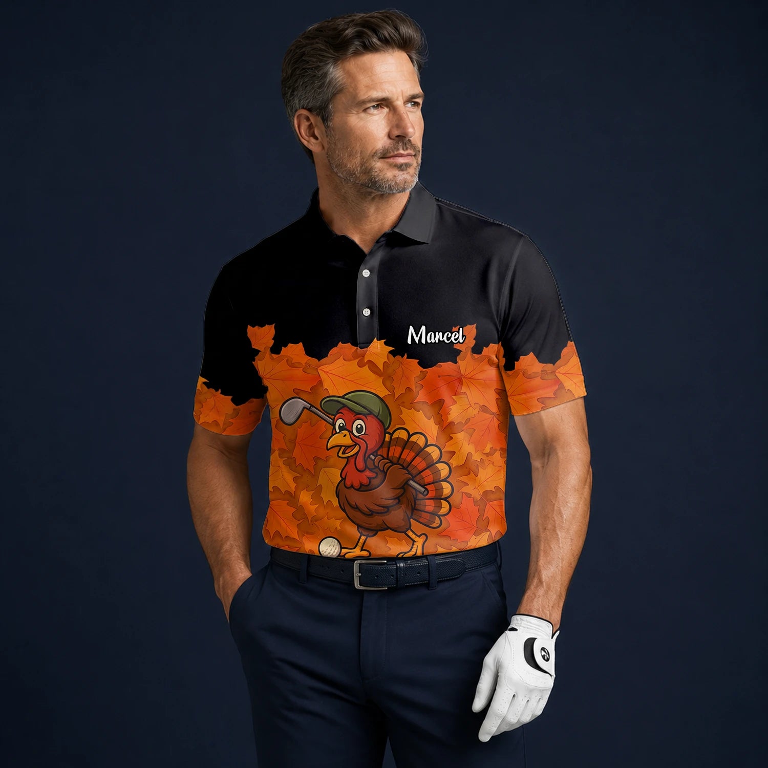 Personalisiertes Golf Poloshirt Schwarz Orange Thanksgiving Truthahn Golfer Design für Herren W0964