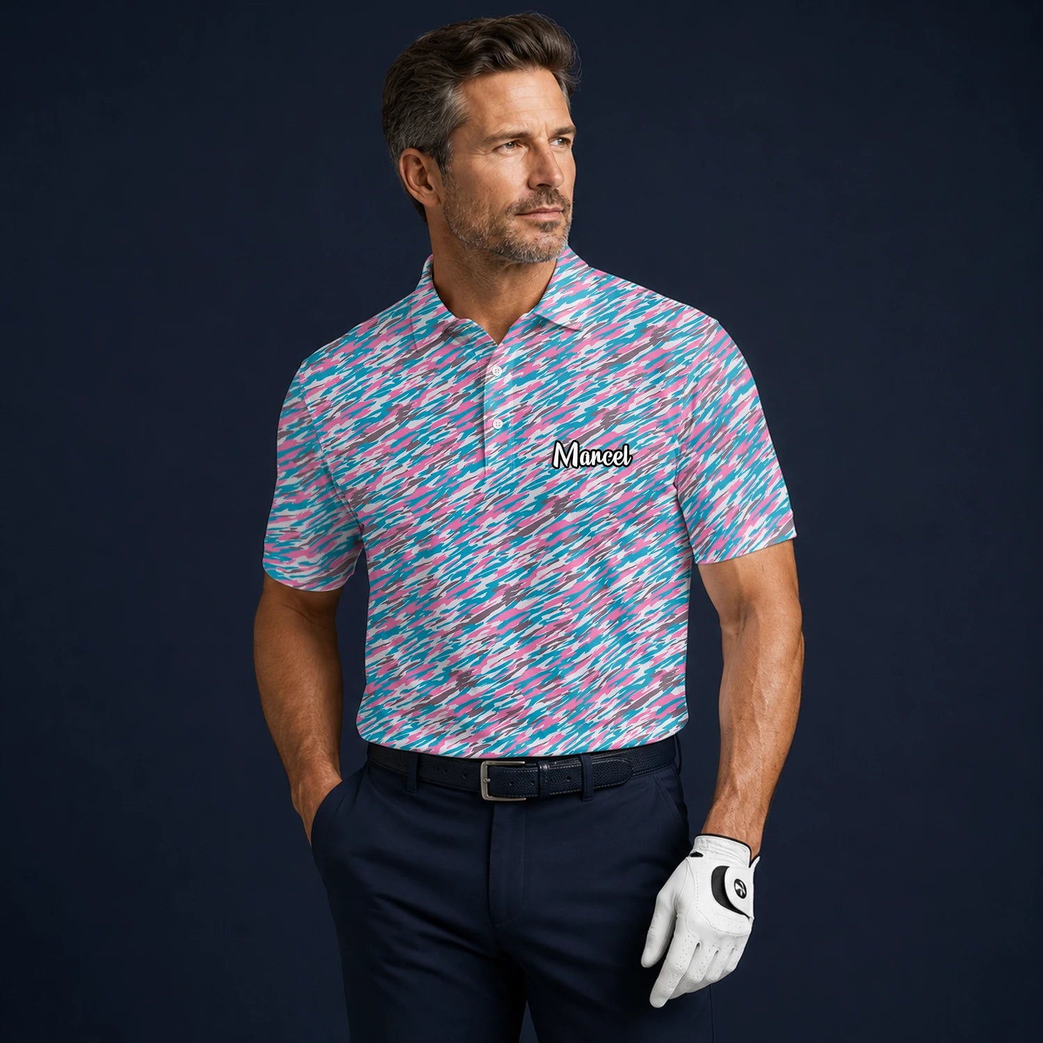 Personalisiertes Golf Poloshirt Rosa Türkis Abstraktes Sprenkel Design für Herren S1159